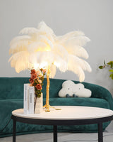Luxury Ostrich Feather Palm Tree Table Lamp with Brass Base and Portable Design
