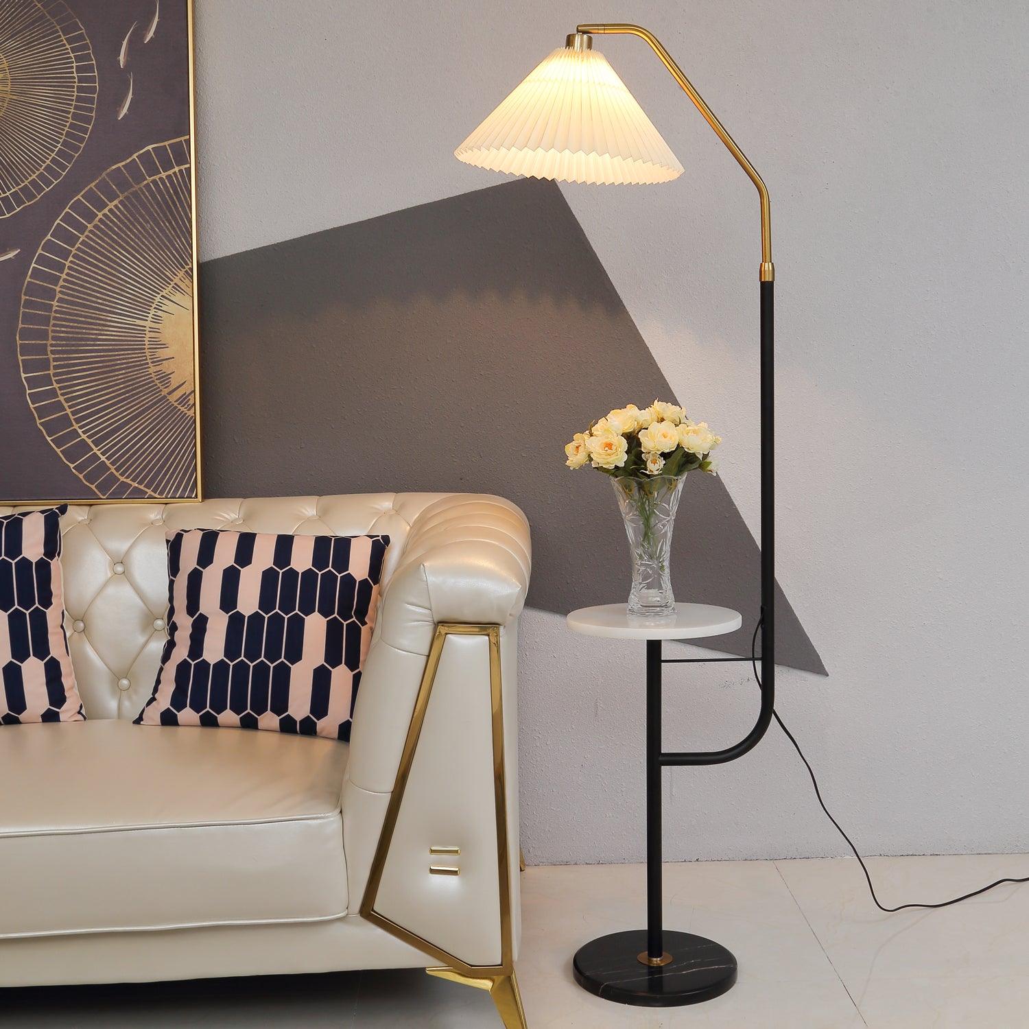 Modern Metal and Marble Standing Floor Lamp with Integrated Side Tray Table
