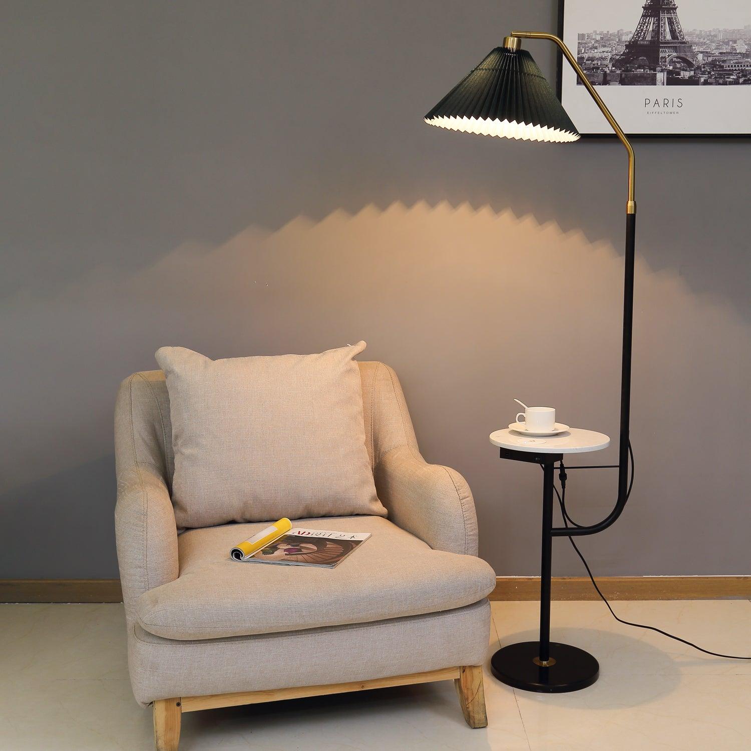 Modern Metal and Marble Standing Floor Lamp with Integrated Side Tray Table