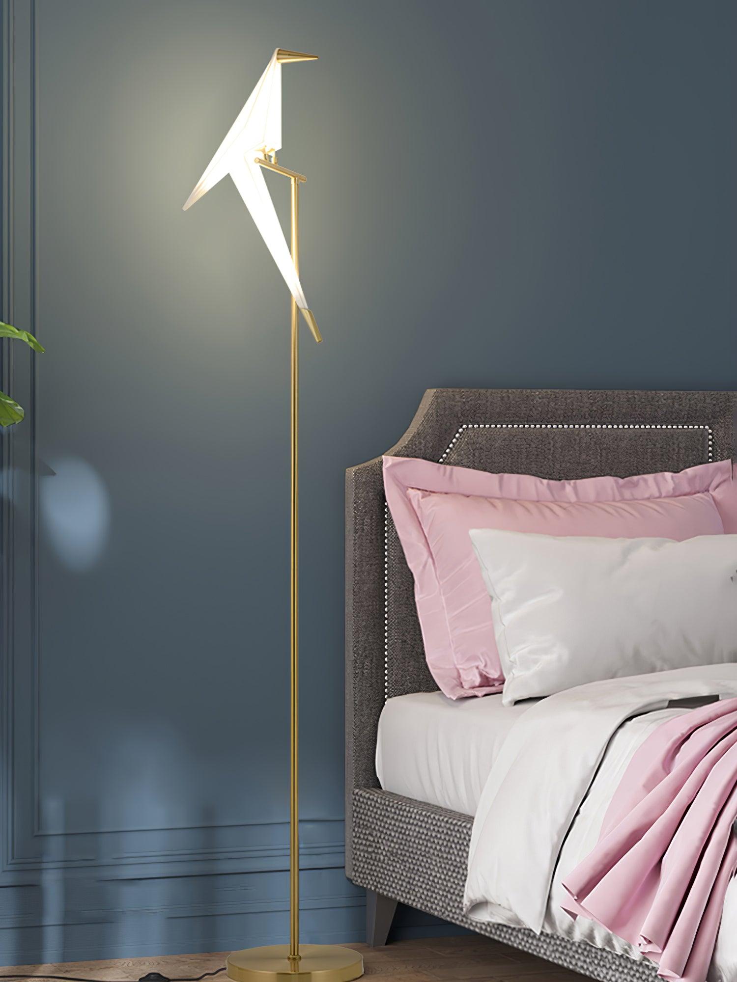 Modern Origami Paper Crane LED Floor Lamp Gold Bird Torchiere Standing Light