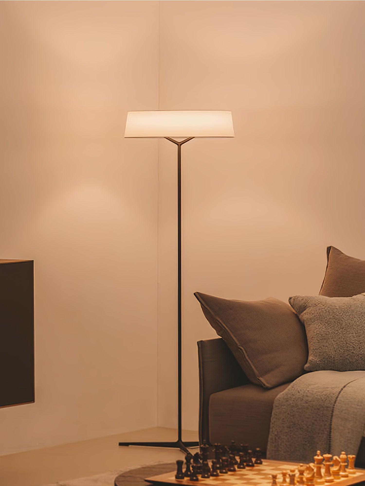 Minimalist Oriental Lantern Inspired LED Floor Lamp with Parchment Diffuser and Metal Base