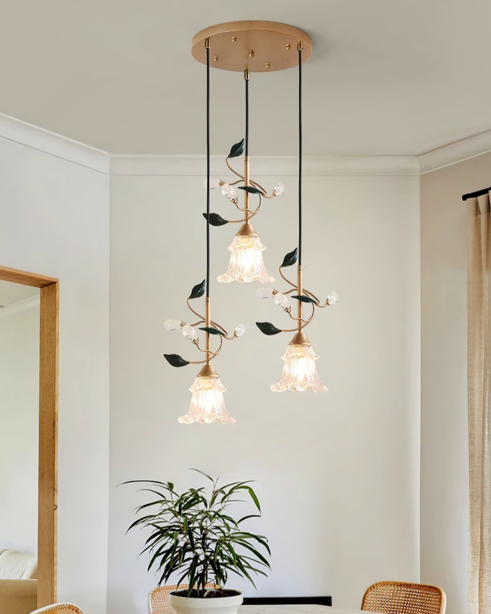 floral-glass-pendant-light-with-crystal-accents-and-pastoral-flower-design