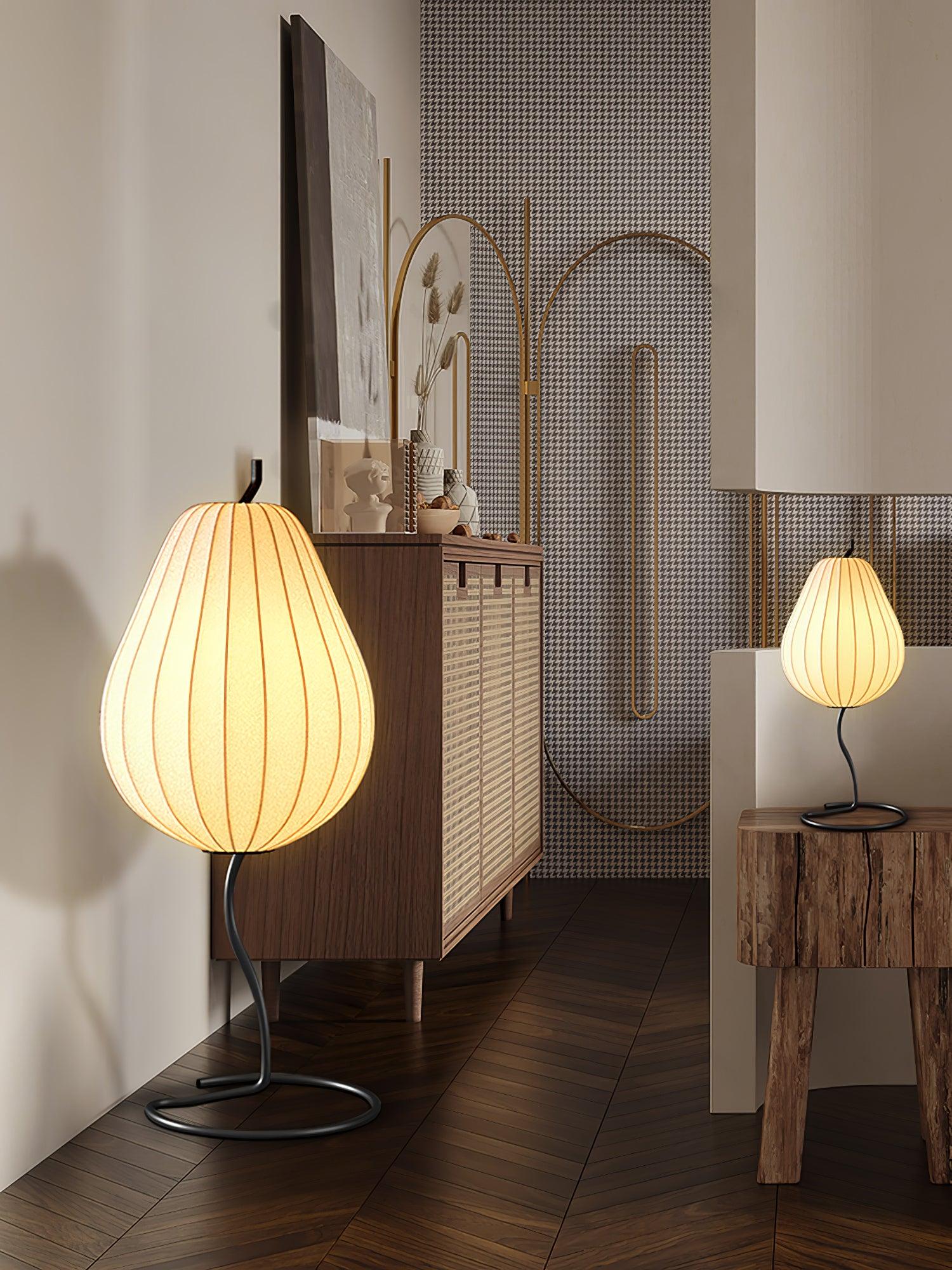 Elegant Silk Fabric Pear Floor Lamp for Living Room with Contemporary Black Metal Base