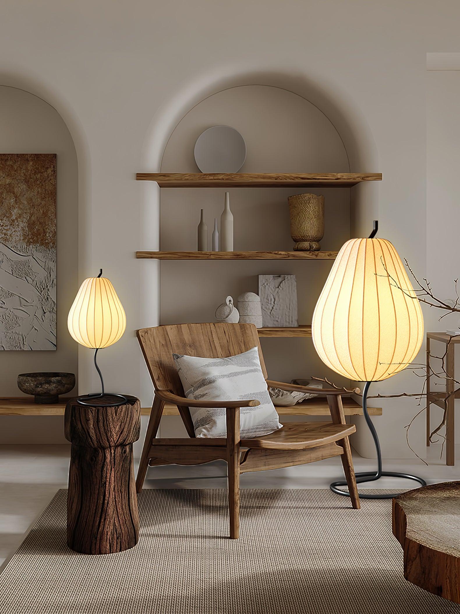 Elegant Silk Fabric Pear Floor Lamp for Living Room with Contemporary Black Metal Base