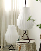 Elegant Silk Fabric Pear Floor Lamp for Living Room with Contemporary Black Metal Base