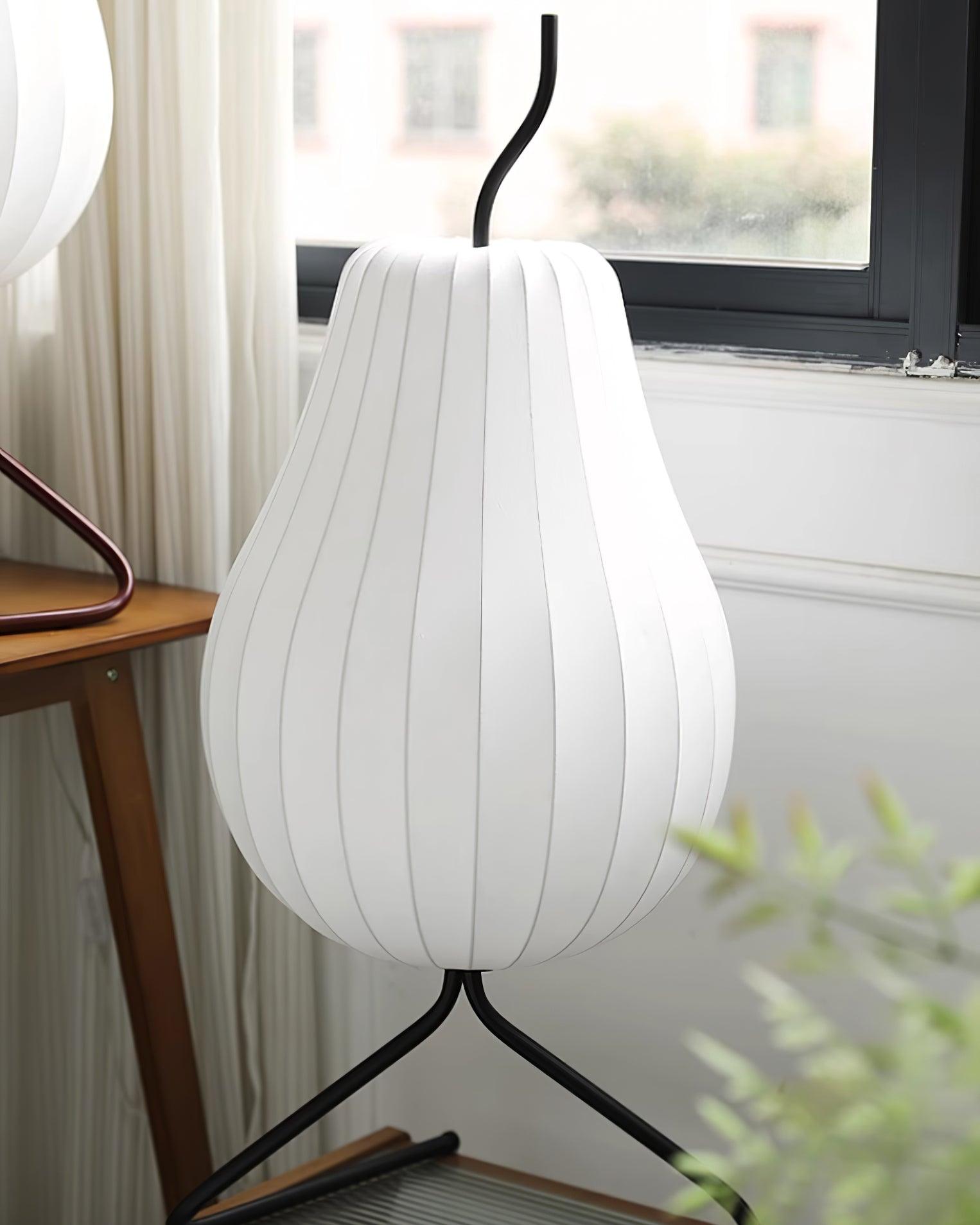 Elegant Silk Fabric Pear Floor Lamp for Living Room with Contemporary Black Metal Base