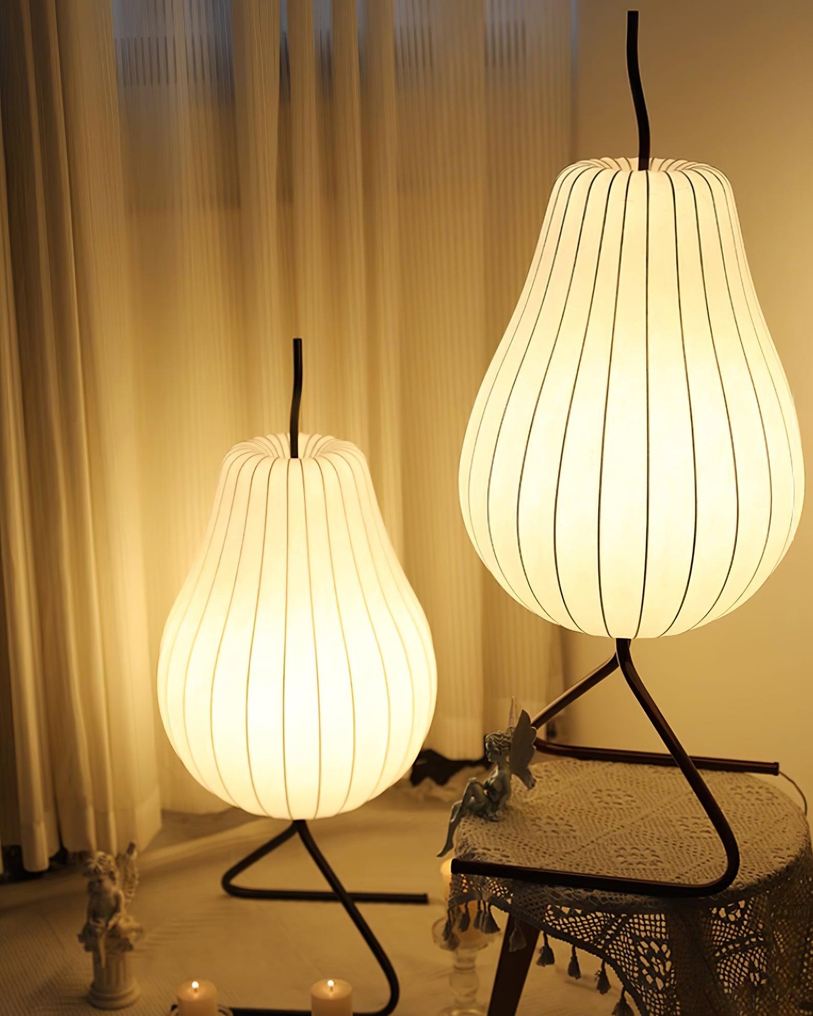 Elegant Silk Fabric Pear Floor Lamp for Living Room with Contemporary Black Metal Base