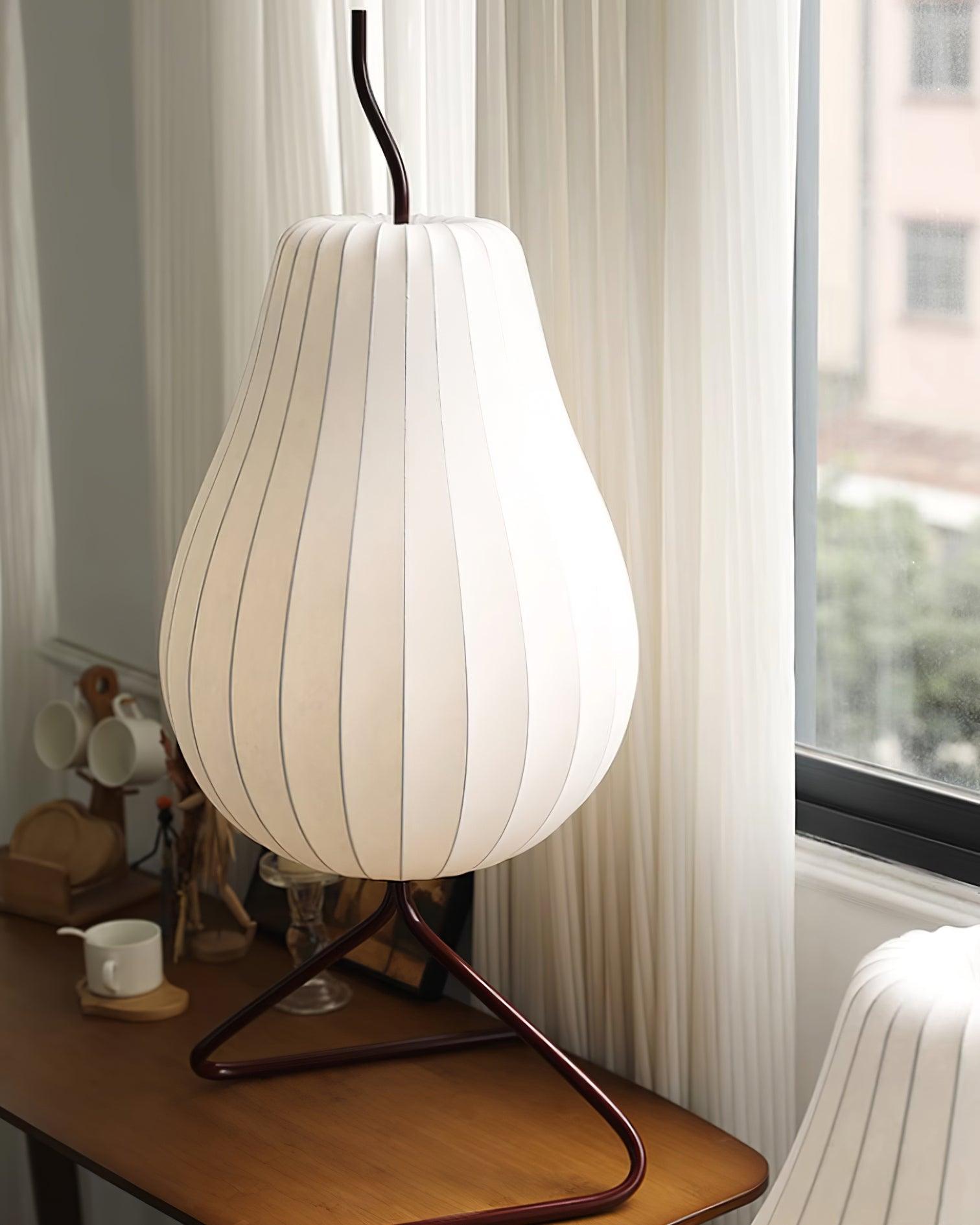 Elegant Silk Fabric Pear Floor Lamp for Living Room with Contemporary Black Metal Base