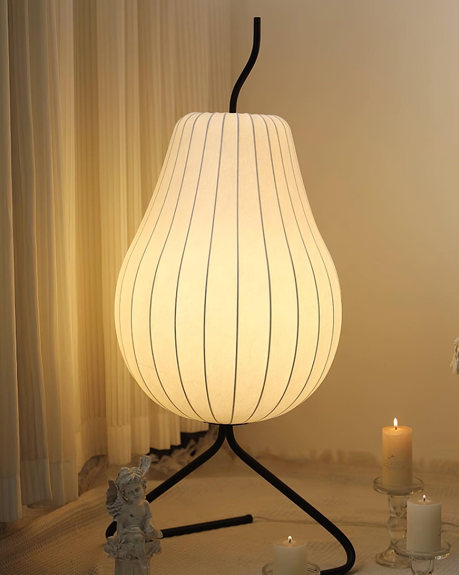 Elegant Silk Fabric Pear Floor Lamp for Living Room with Contemporary Black Metal Base