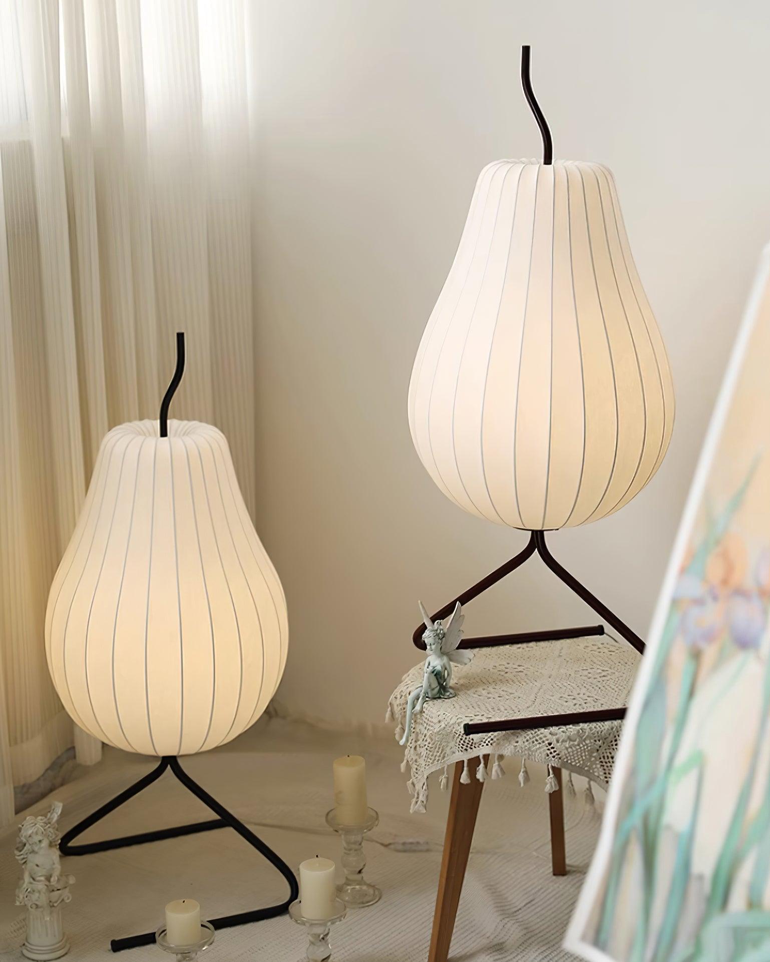 Elegant Silk Fabric Pear Floor Lamp for Living Room with Contemporary Black Metal Base