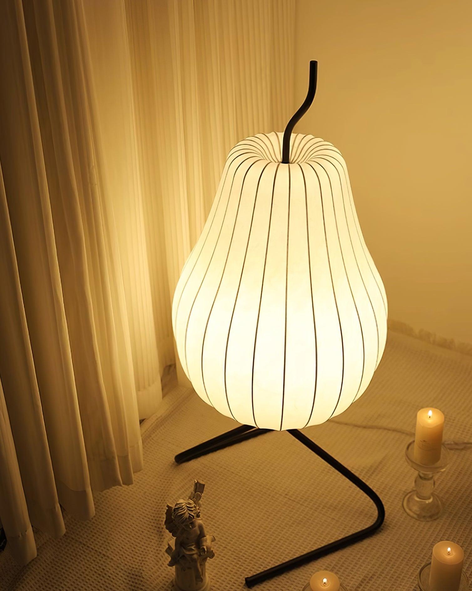 Elegant Silk Fabric Pear Floor Lamp for Living Room with Contemporary Black Metal Base