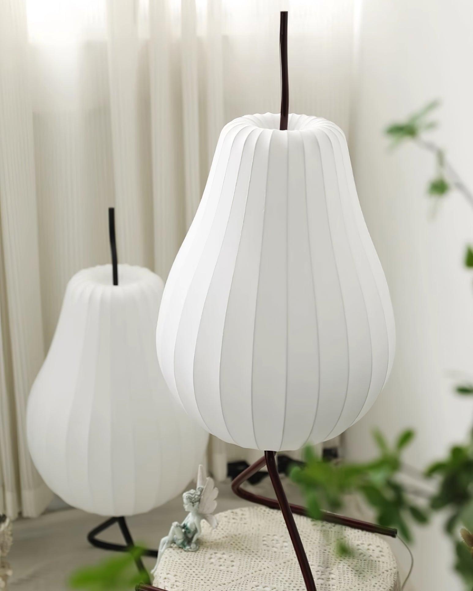 Elegant Silk Fabric Pear Floor Lamp for Living Room with Contemporary Black Metal Base