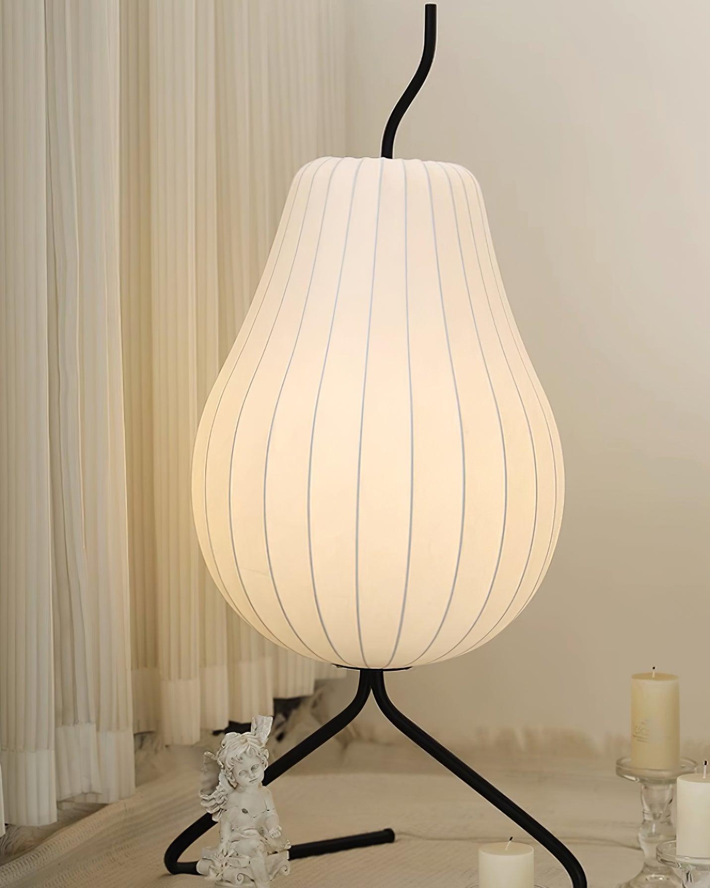 Elegant Silk Fabric Pear Floor Lamp for Living Room with Contemporary Black Metal Base