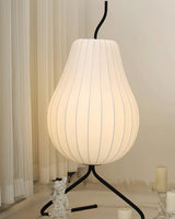 Elegant Silk Fabric Pear Floor Lamp for Living Room with Contemporary Black Metal Base