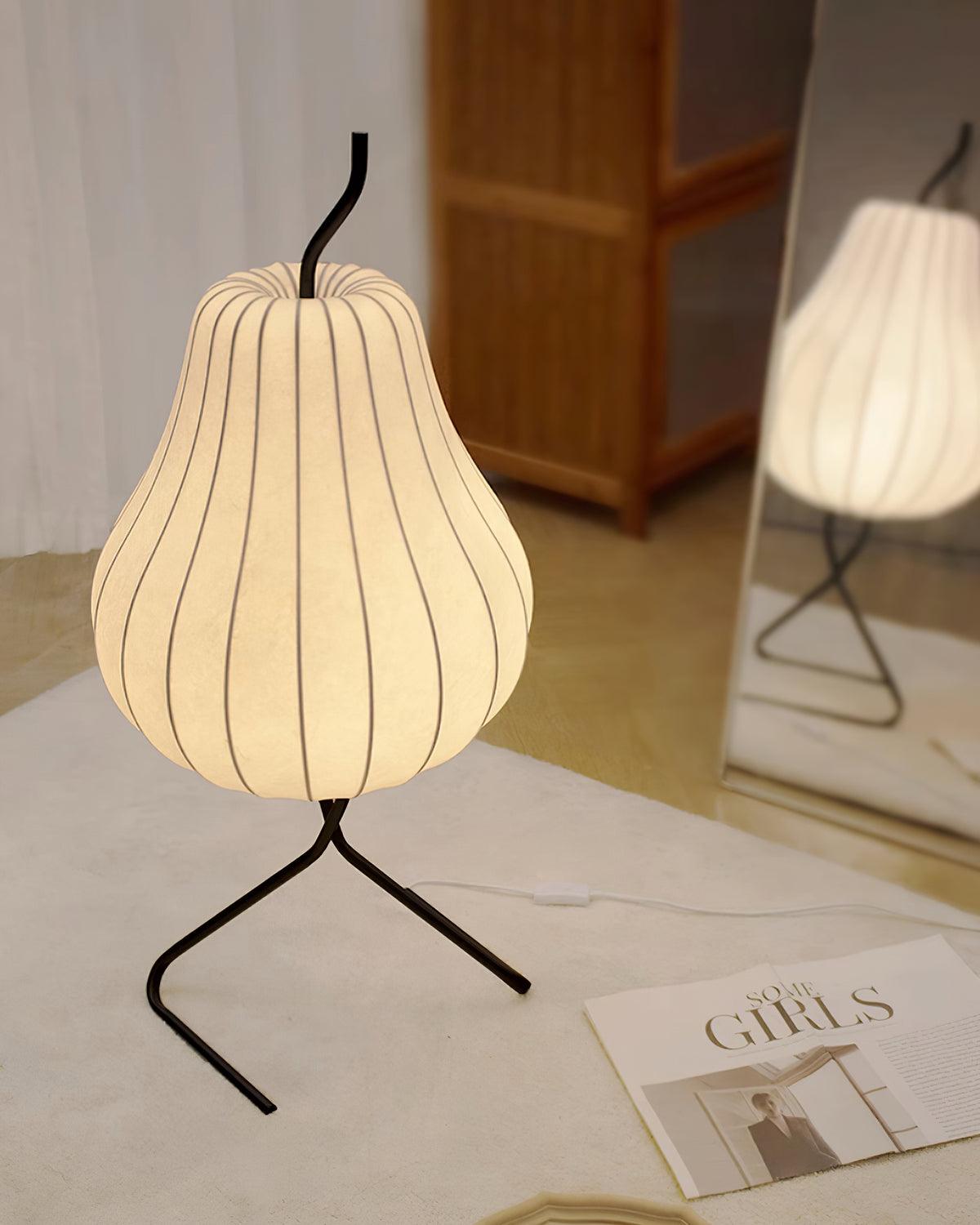 Elegant Silk Fabric Pear Floor Lamp for Living Room with Contemporary Black Metal Base