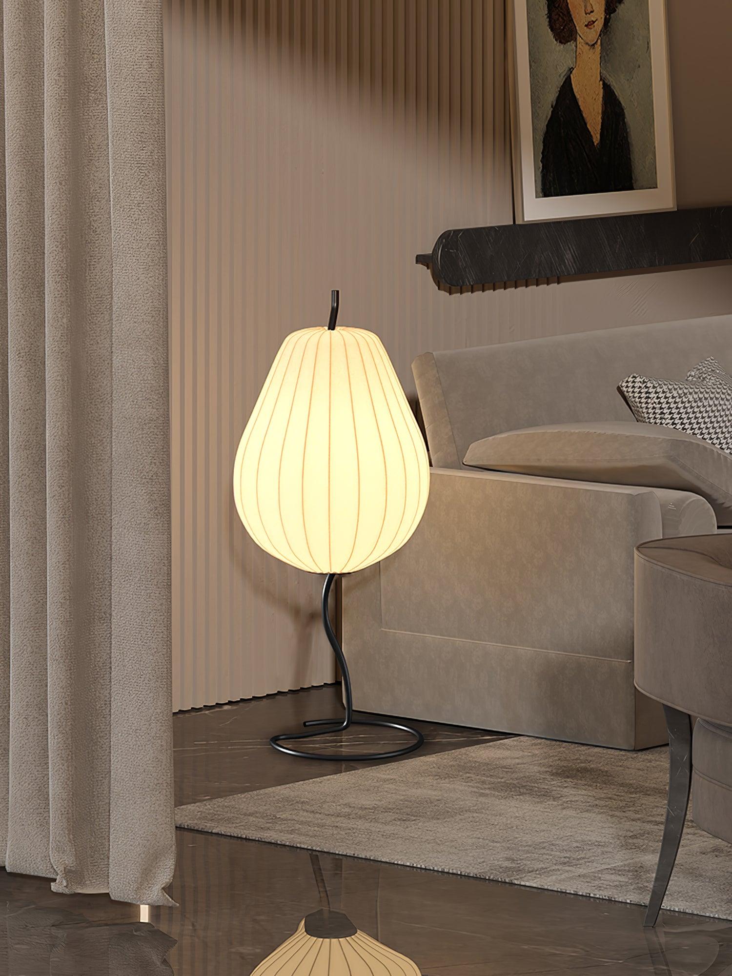 Elegant Silk Fabric Pear Floor Lamp for Living Room with Contemporary Black Metal Base