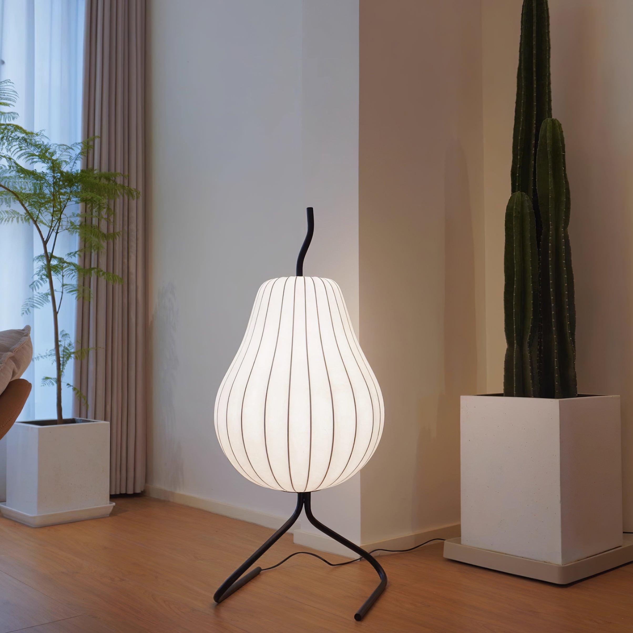 Elegant Silk Fabric Pear Floor Lamp for Living Room with Contemporary Black Metal Base