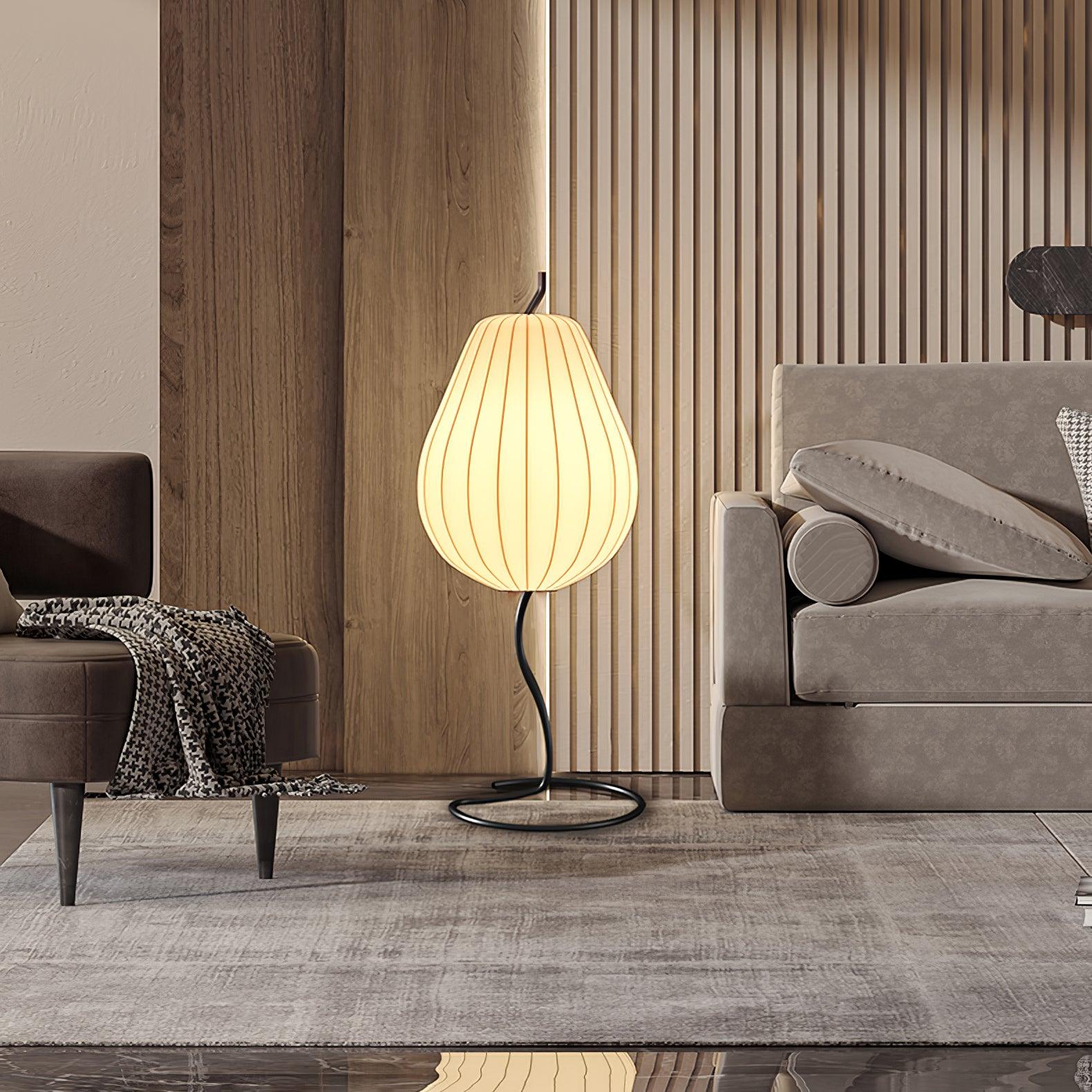 Elegant Silk Fabric Pear Floor Lamp for Living Room with Contemporary Black Metal Base