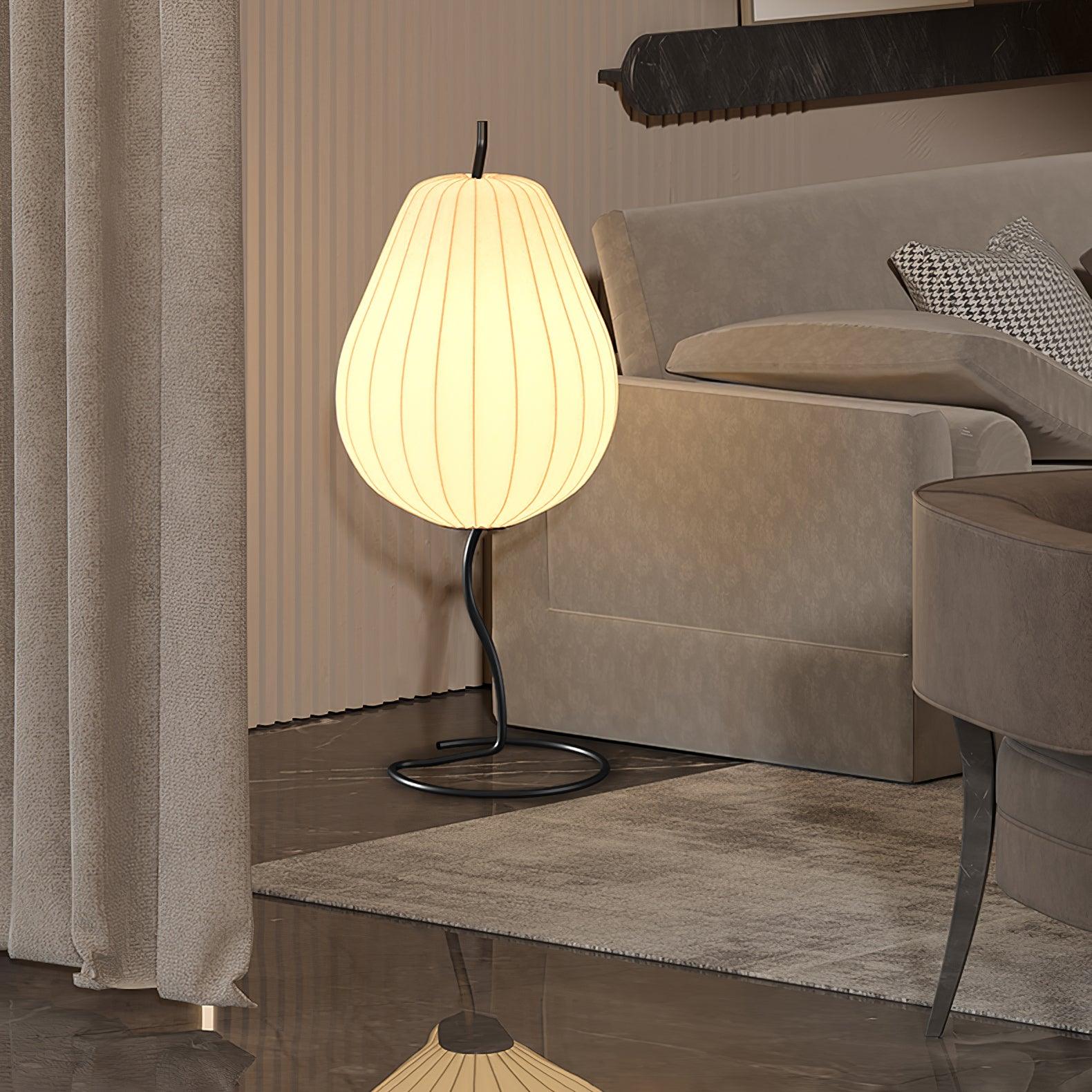 Elegant Silk Fabric Pear Floor Lamp for Living Room with Contemporary Black Metal Base