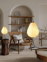 Elegant Silk Fabric Pear Floor Lamp for Living Room with Contemporary Black Metal Base