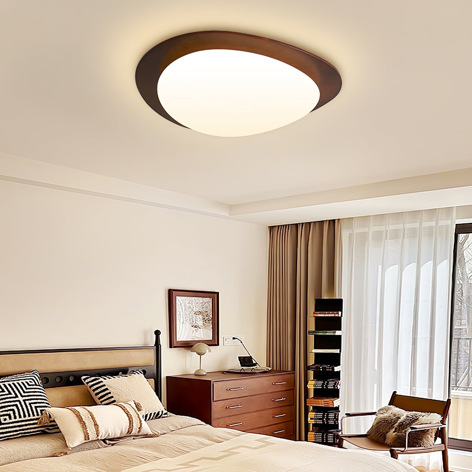 Mid Century Modern Pebble Walnut LED Ceiling Light Fixture with Adjustable Color Temperature