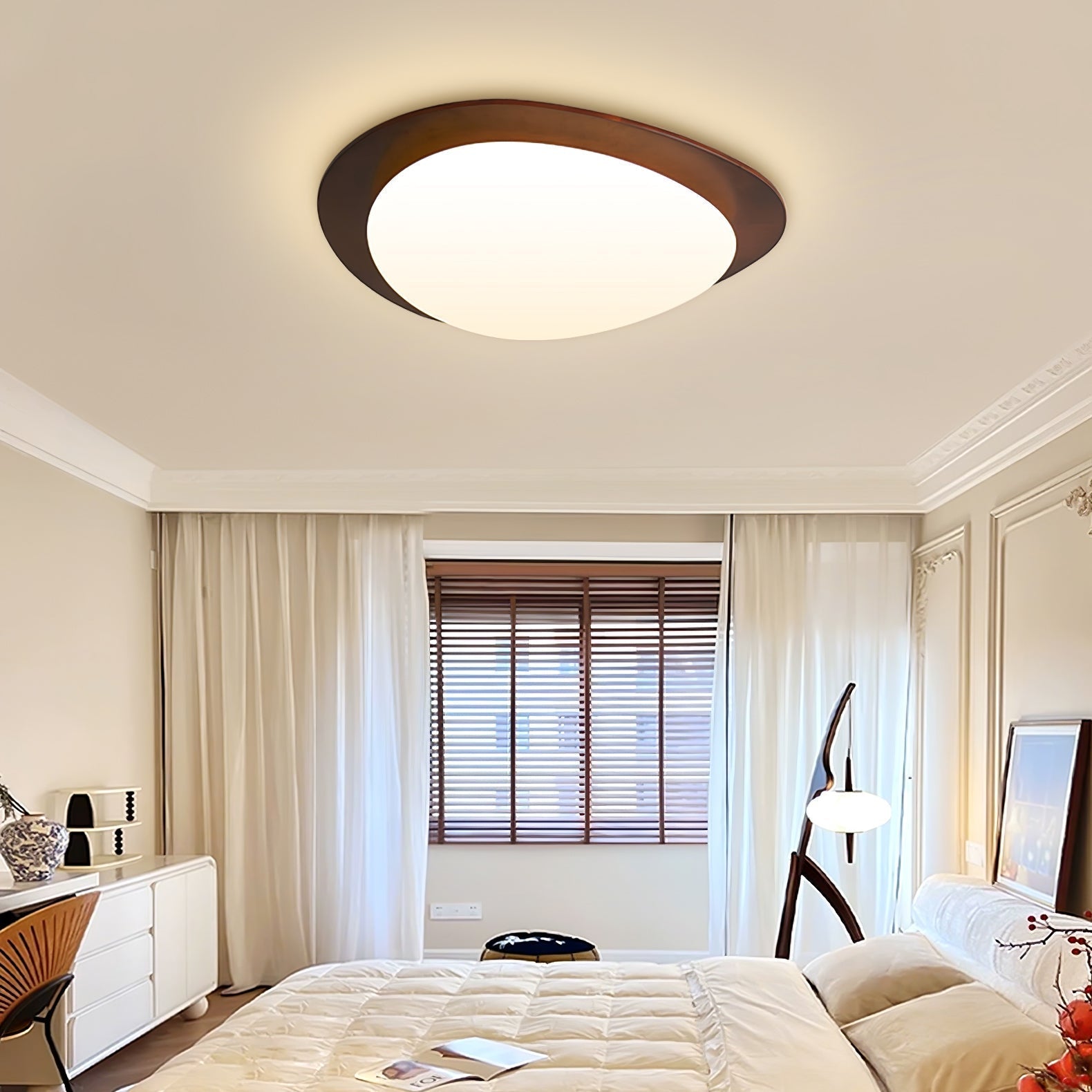 Mid Century Modern Pebble Walnut LED Ceiling Light Fixture with Adjustable Color Temperature