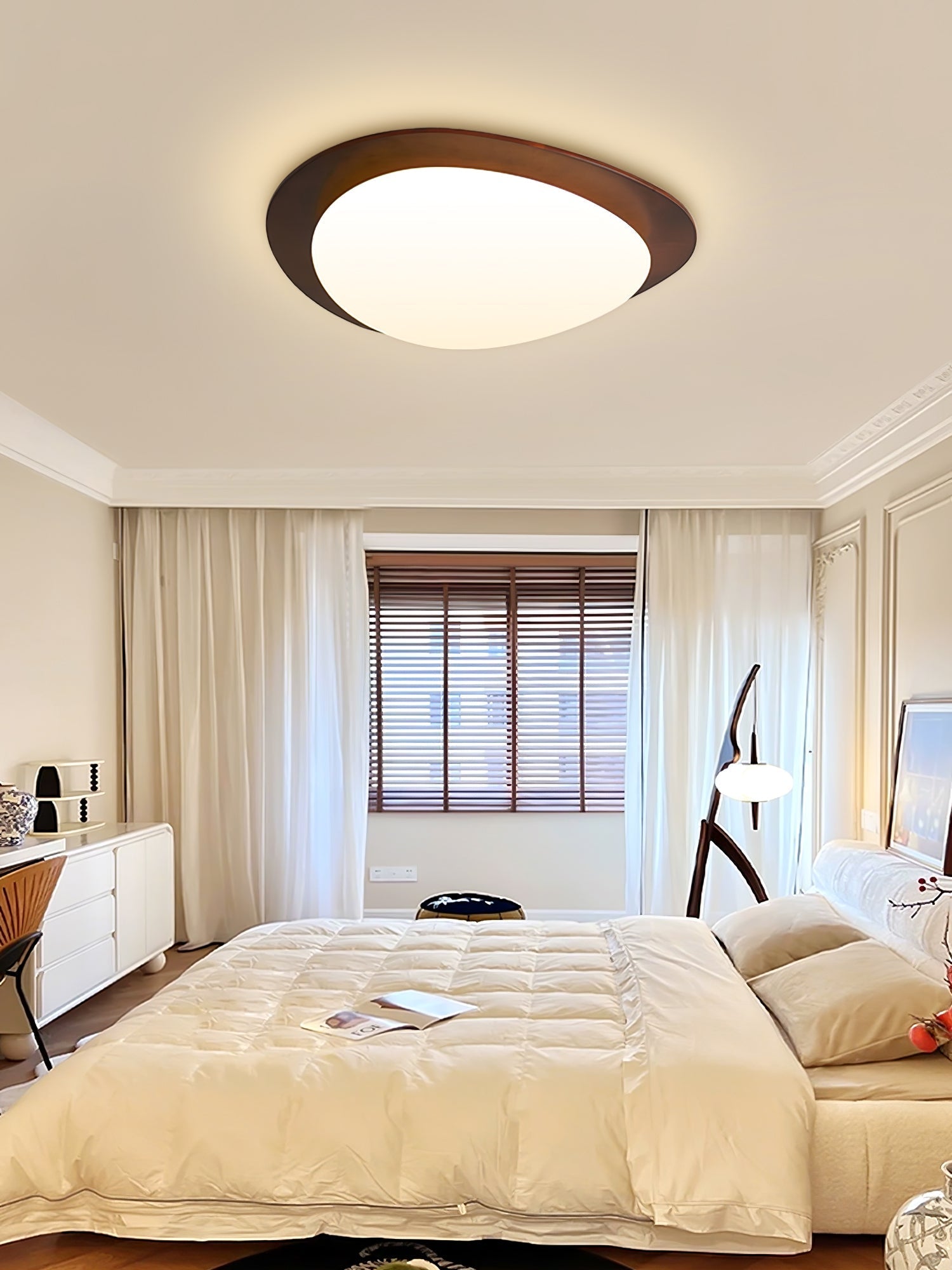 Mid Century Modern Pebble Walnut LED Ceiling Light Fixture with Adjustable Color Temperature