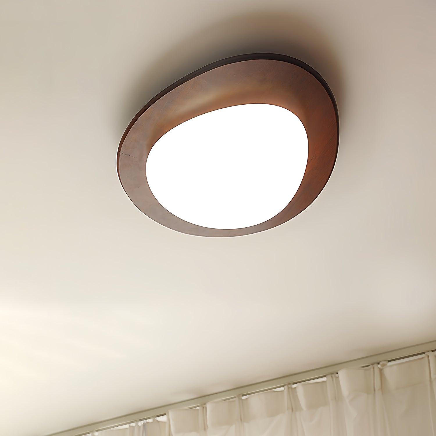 Mid Century Modern Pebble Walnut LED Ceiling Light Fixture with Adjustable Color Temperature