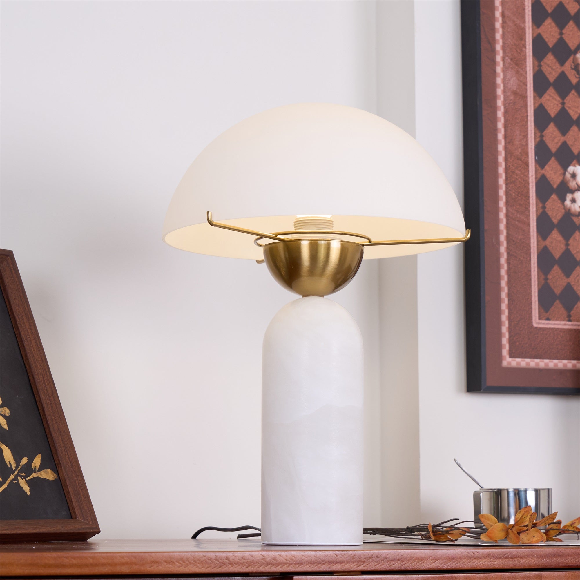 Modern Peono Alabaster Sphere Table Lamp Elegant Glass and Metal Nightstand Light