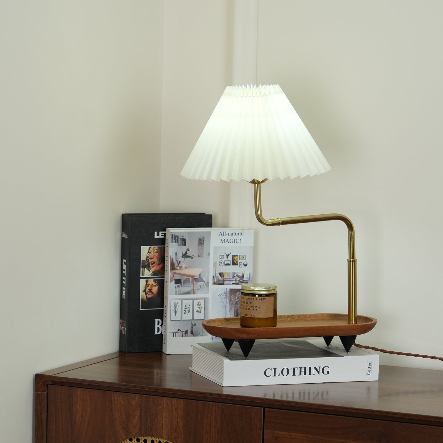Nordic Wood Base Table Lamp with Pleated Fabric Shade and Candle Warmer Function