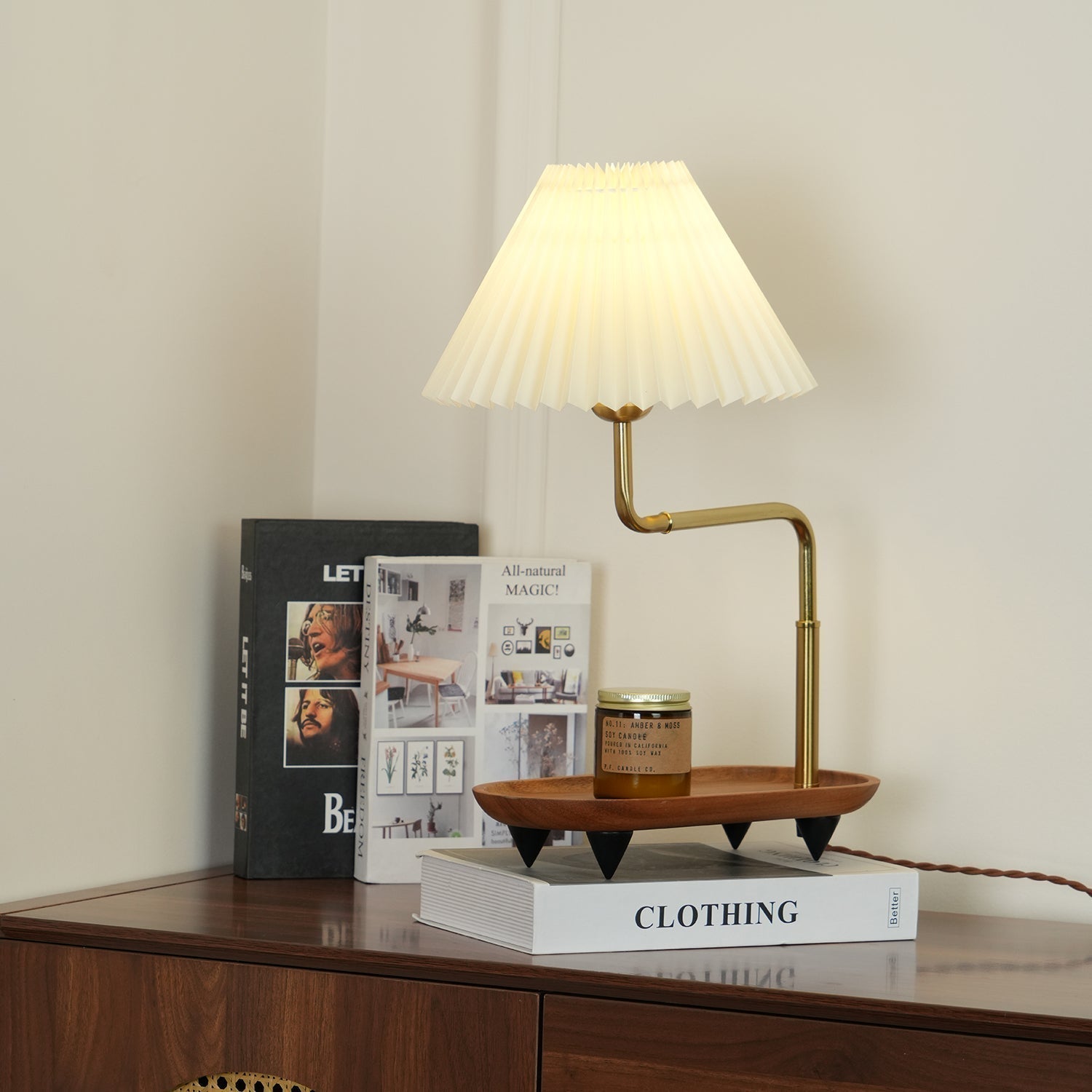 Nordic Wood Base Table Lamp with Pleated Fabric Shade and Candle Warmer Function