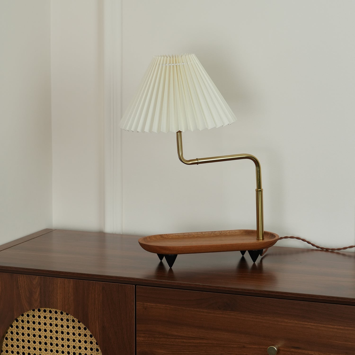 Nordic Wood Base Table Lamp with Pleated Fabric Shade and Candle Warmer Function