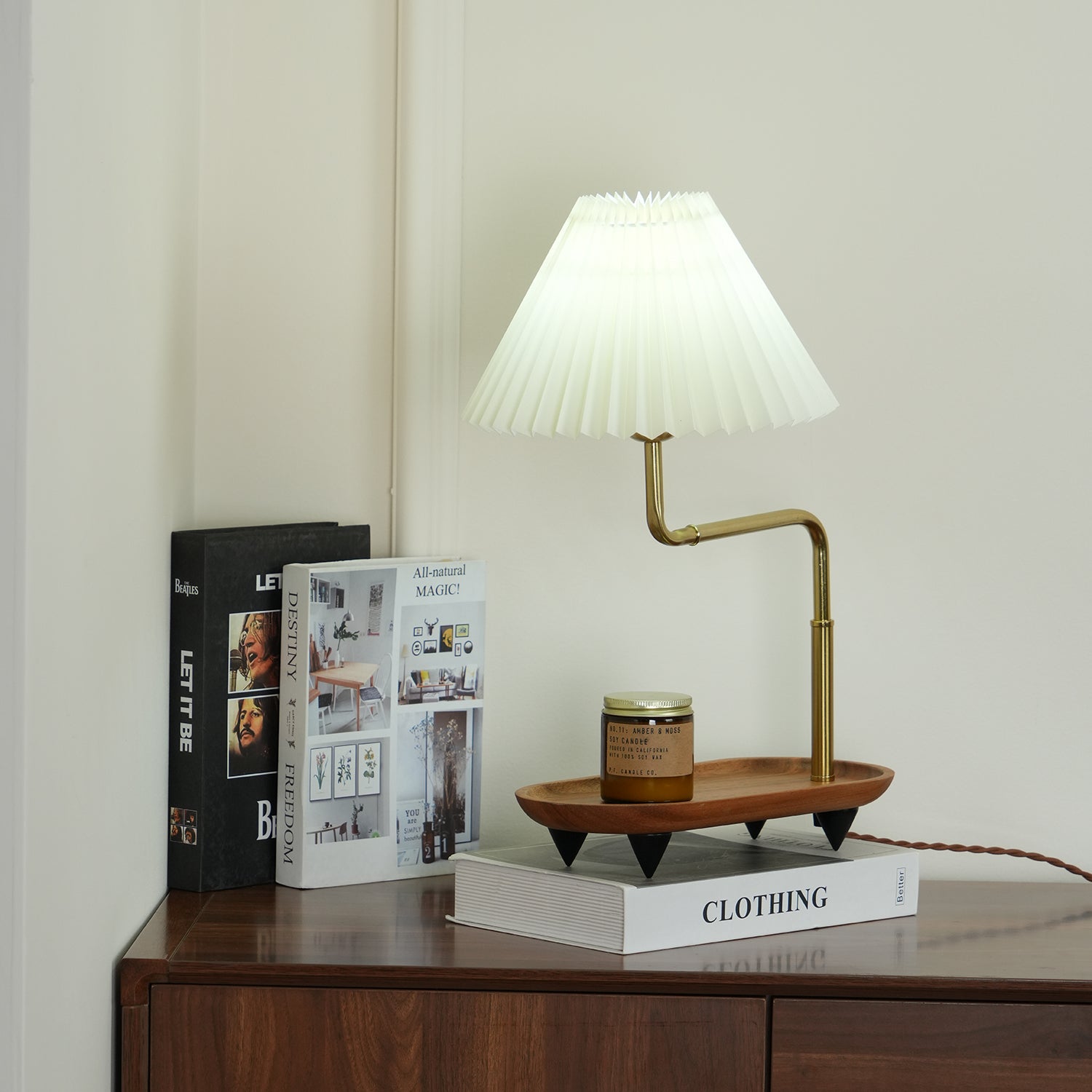 Nordic Wood Base Table Lamp with Pleated Fabric Shade and Candle Warmer Function