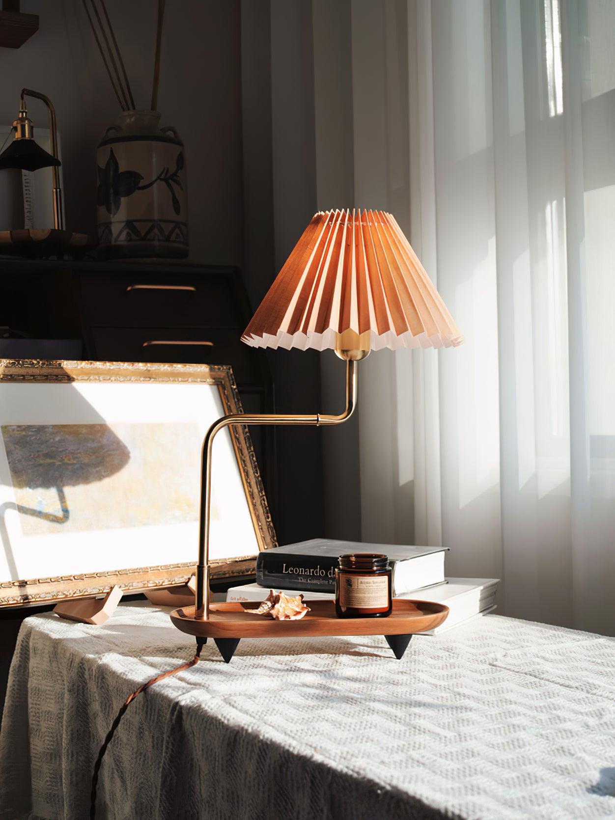 Nordic Wood Base Table Lamp with Pleated Fabric Shade and Candle Warmer Function
