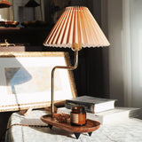 Nordic Wood Base Table Lamp with Pleated Fabric Shade and Candle Warmer Function