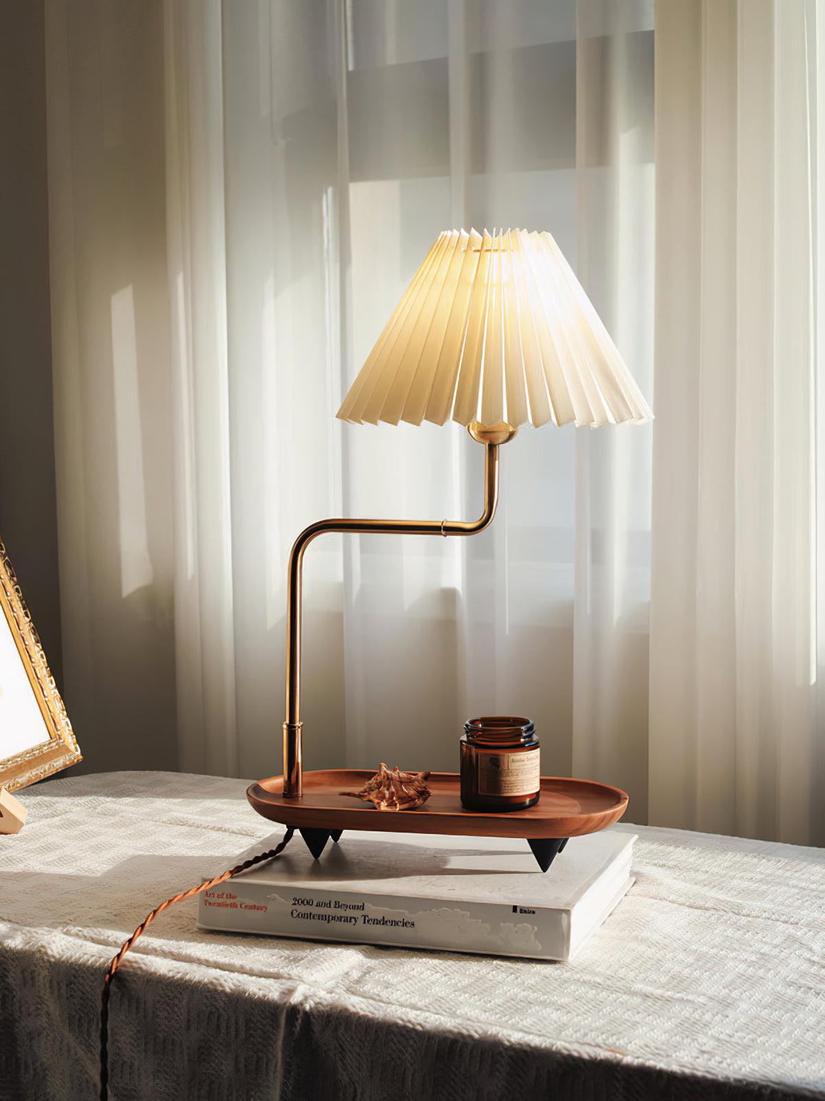 Nordic Wood Base Table Lamp with Pleated Fabric Shade and Candle Warmer Function