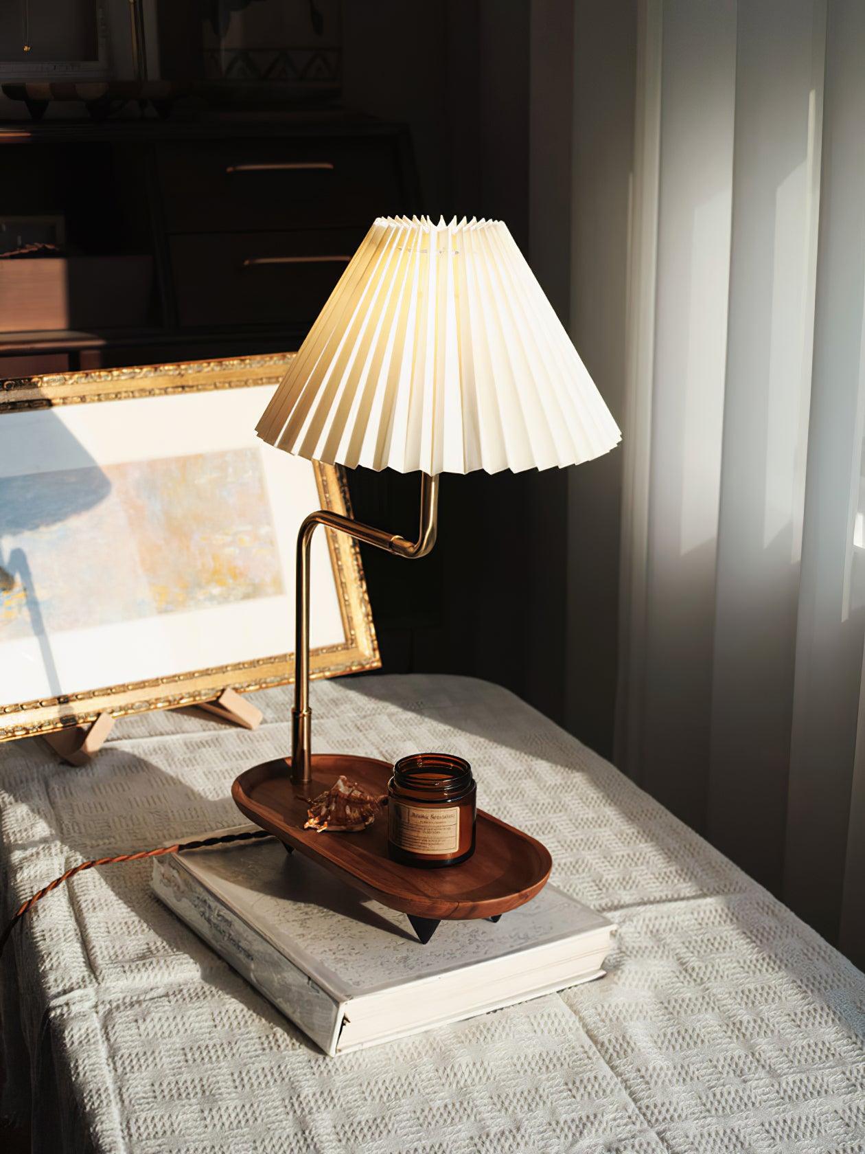 Nordic Wood Base Table Lamp with Pleated Fabric Shade and Candle Warmer Function