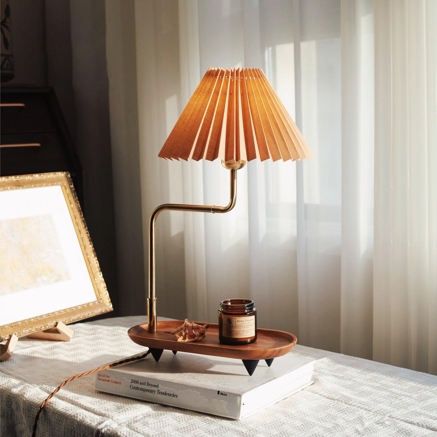 Nordic Wood Base Table Lamp with Pleated Fabric Shade and Candle Warmer Function