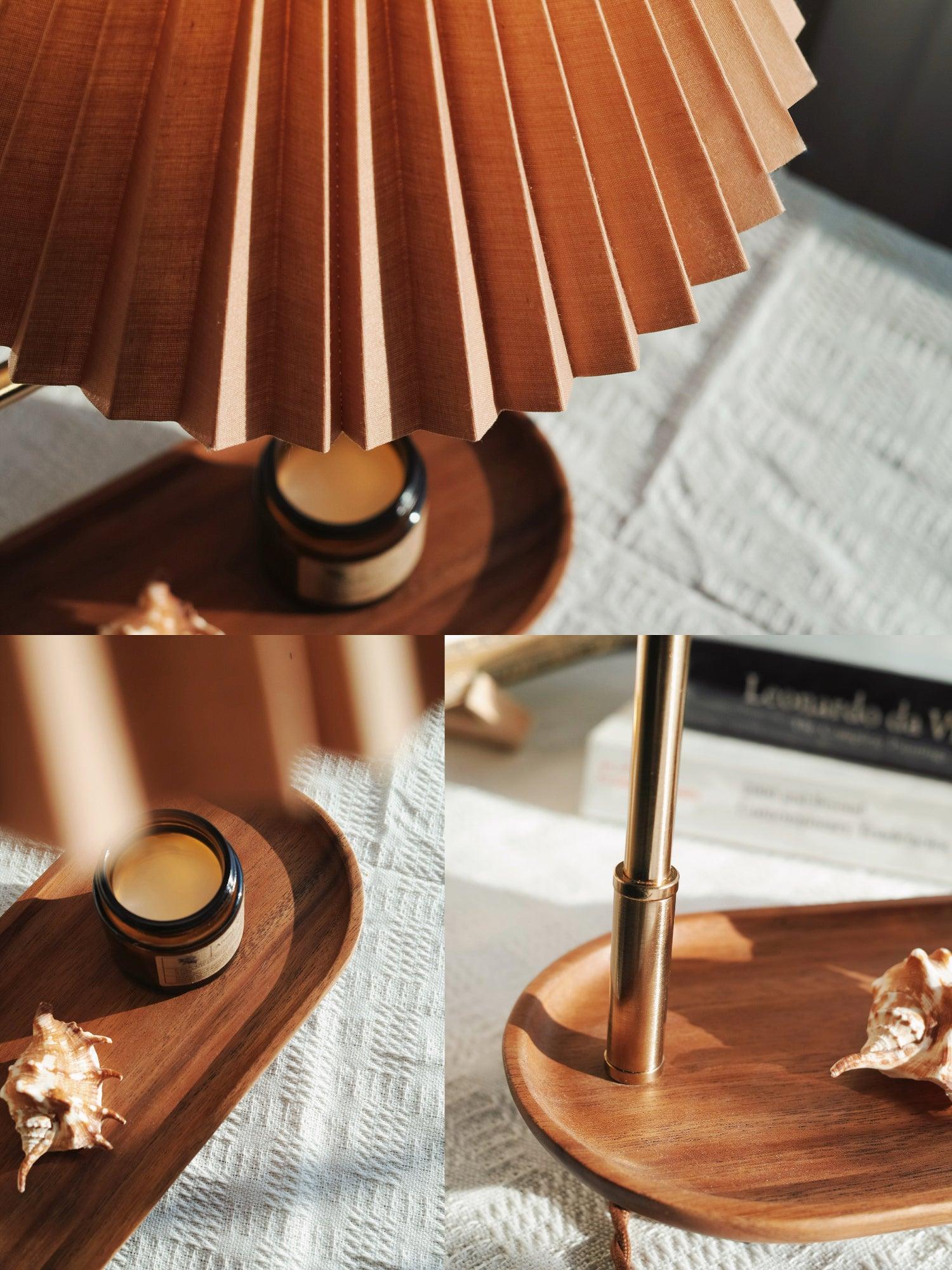 Nordic Wood Base Table Lamp with Pleated Fabric Shade and Candle Warmer Function