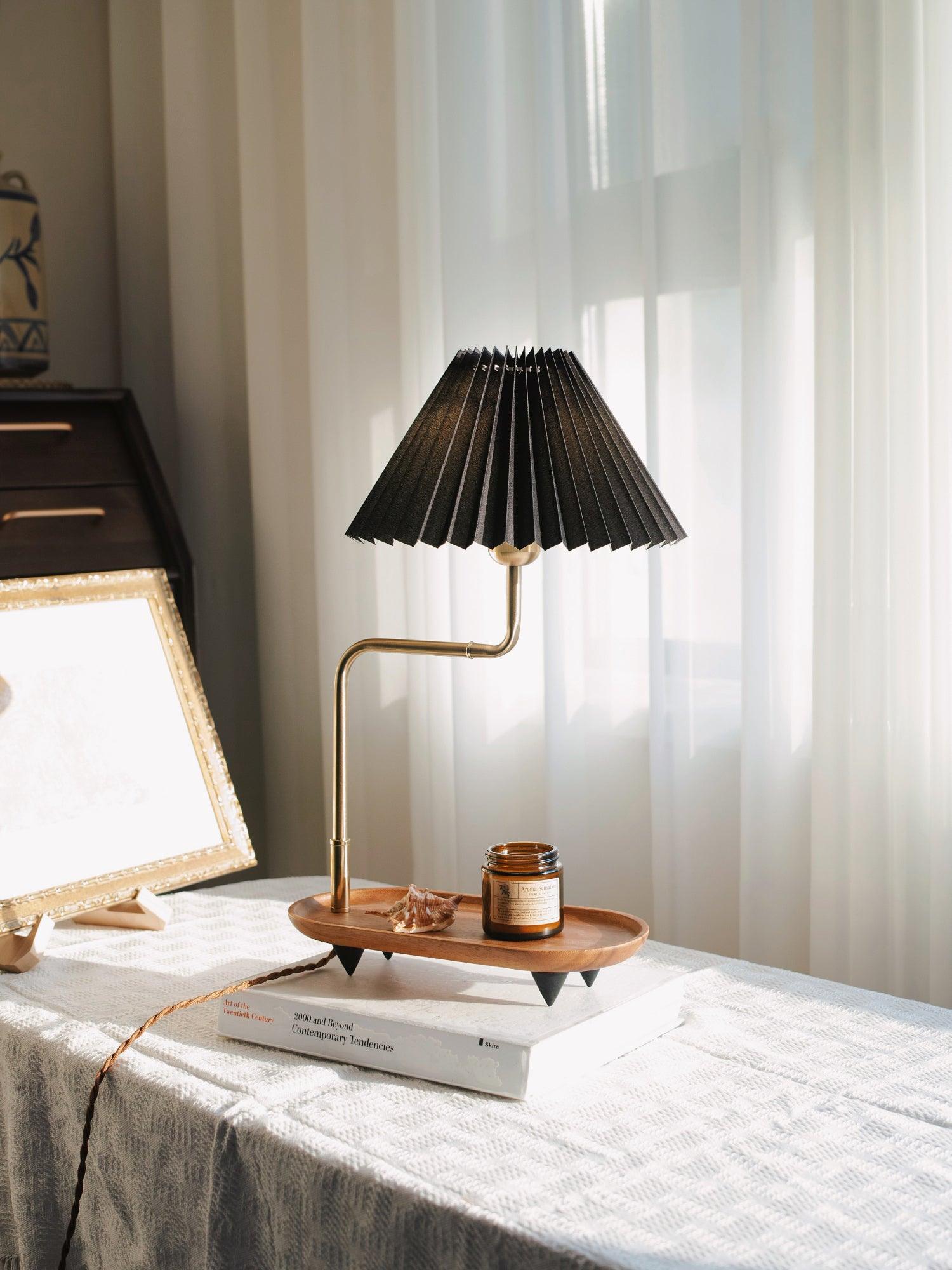 Nordic Wood Base Table Lamp with Pleated Fabric Shade and Candle Warmer Function