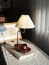 Nordic Wood Base Table Lamp with Pleated Fabric Shade and Candle Warmer Function