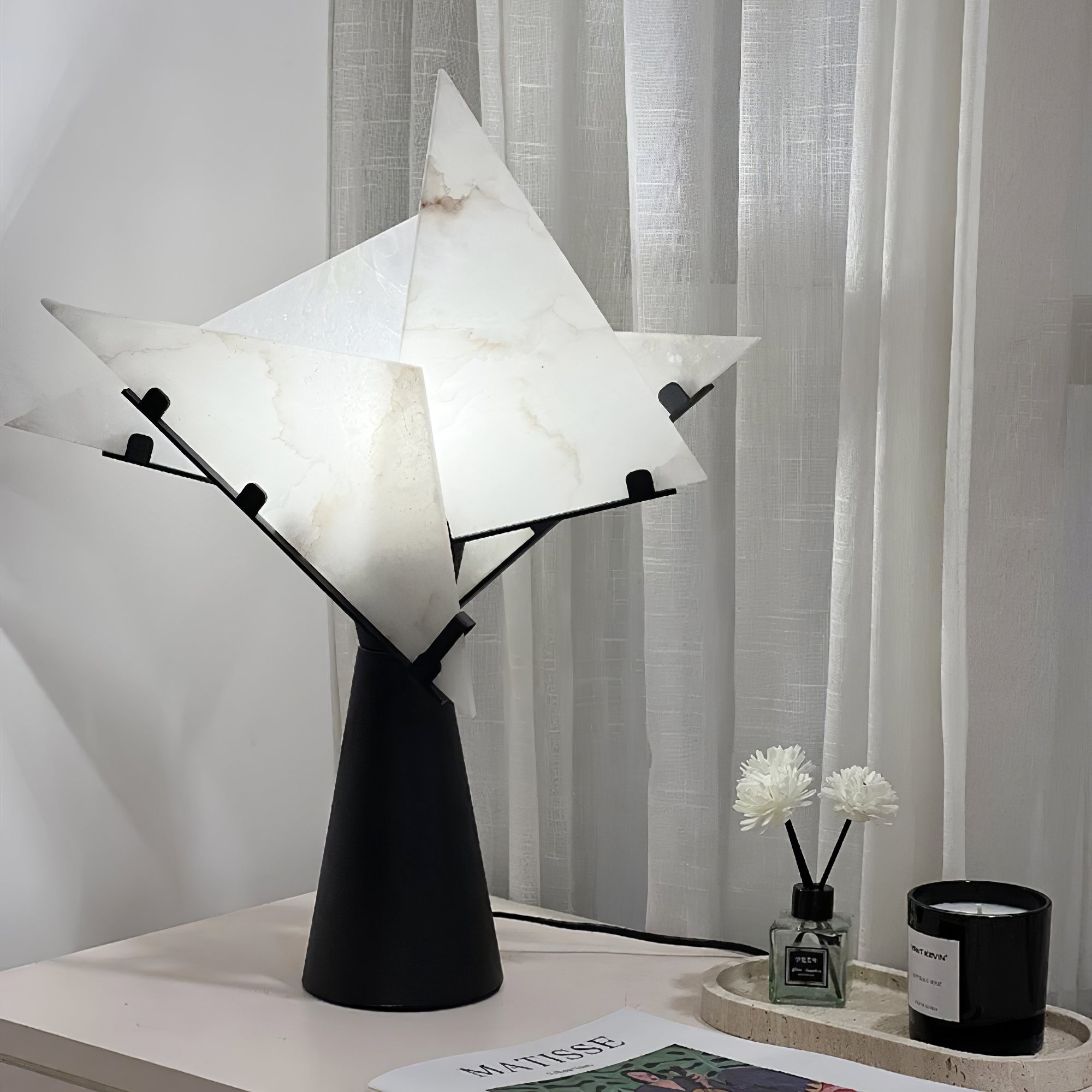 Modern Alabaster Accent Table Lamp Sculptural Natural Stone LED Desk Light