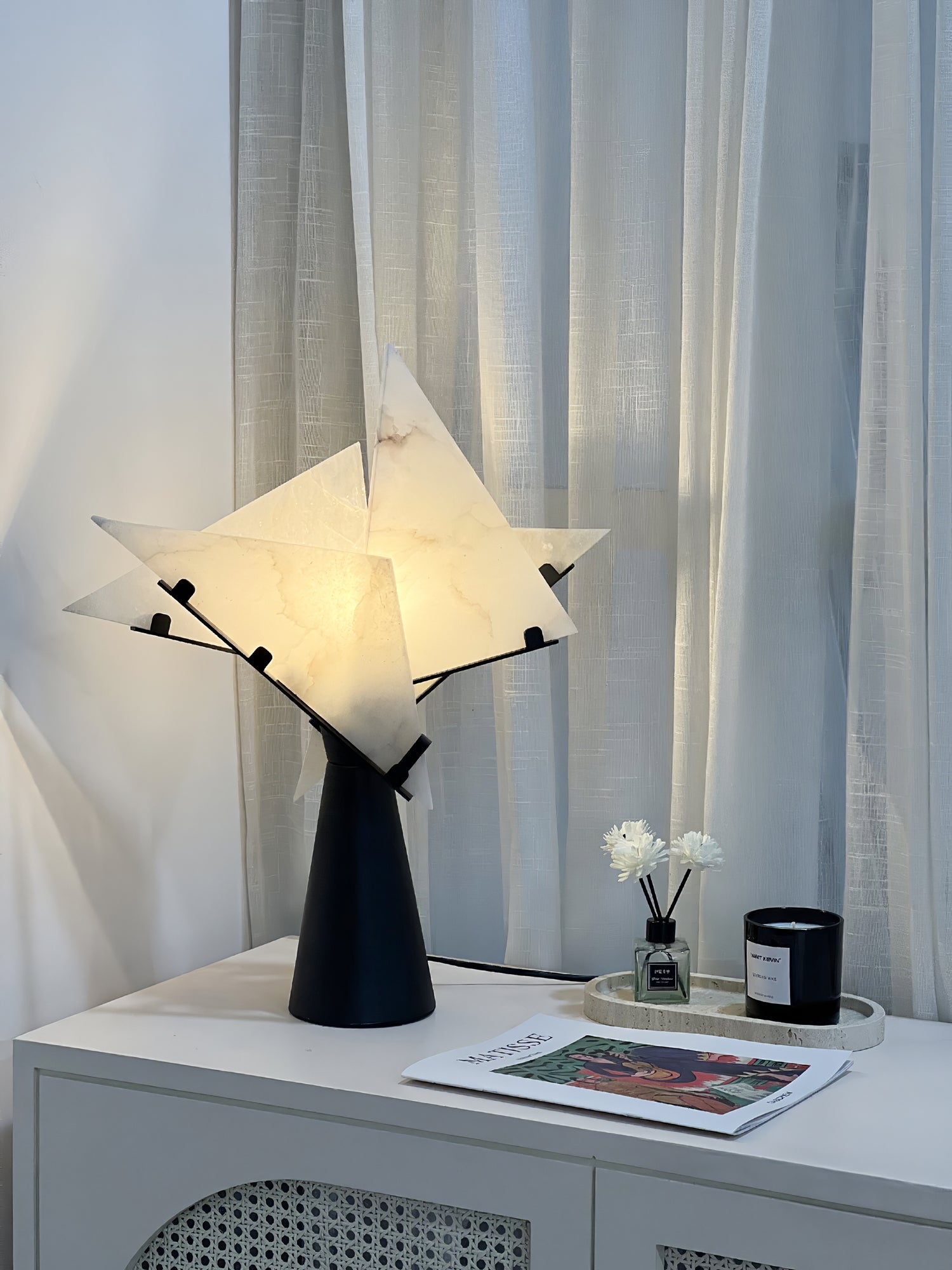 Modern Alabaster Accent Table Lamp Sculptural Natural Stone LED Desk Light