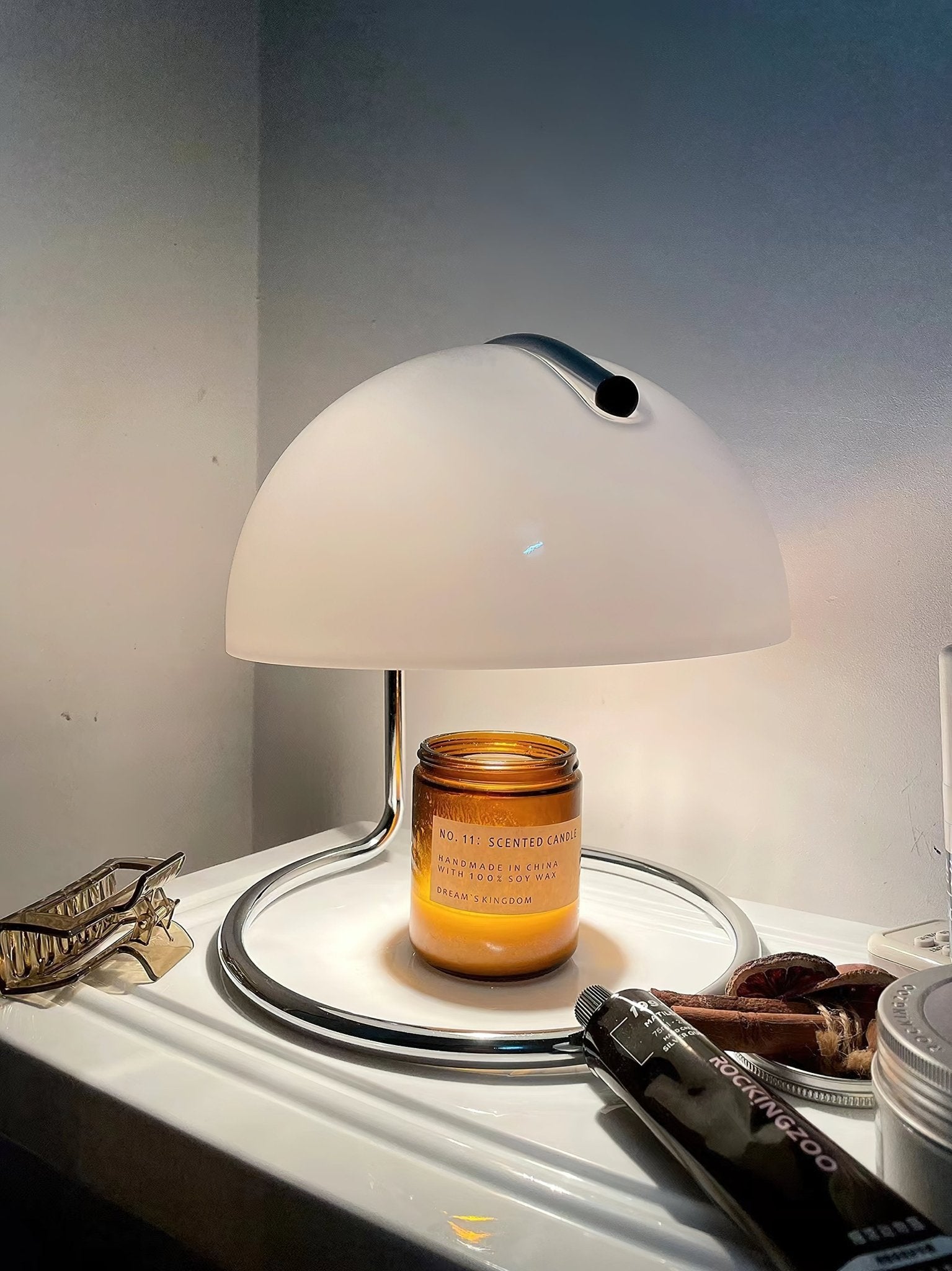 Modern Minimalist Chrome Table Lamp with Glass Shade for Reading and Candle Warming