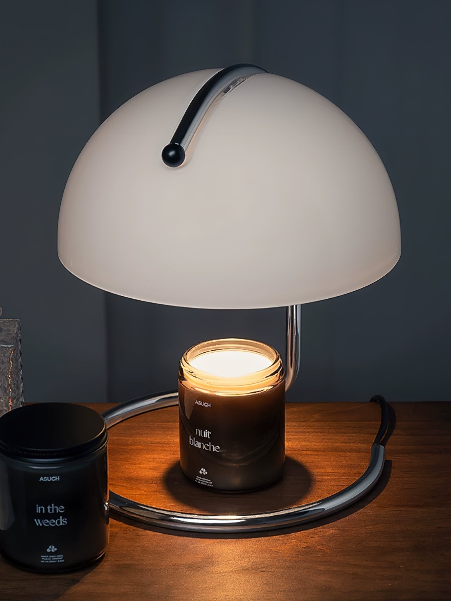Modern Minimalist Chrome Table Lamp with Glass Shade for Reading and Candle Warming