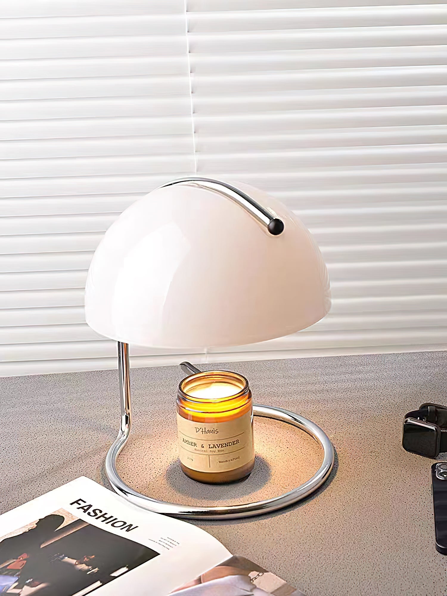 Modern Minimalist Chrome Table Lamp with Glass Shade for Reading and Candle Warming