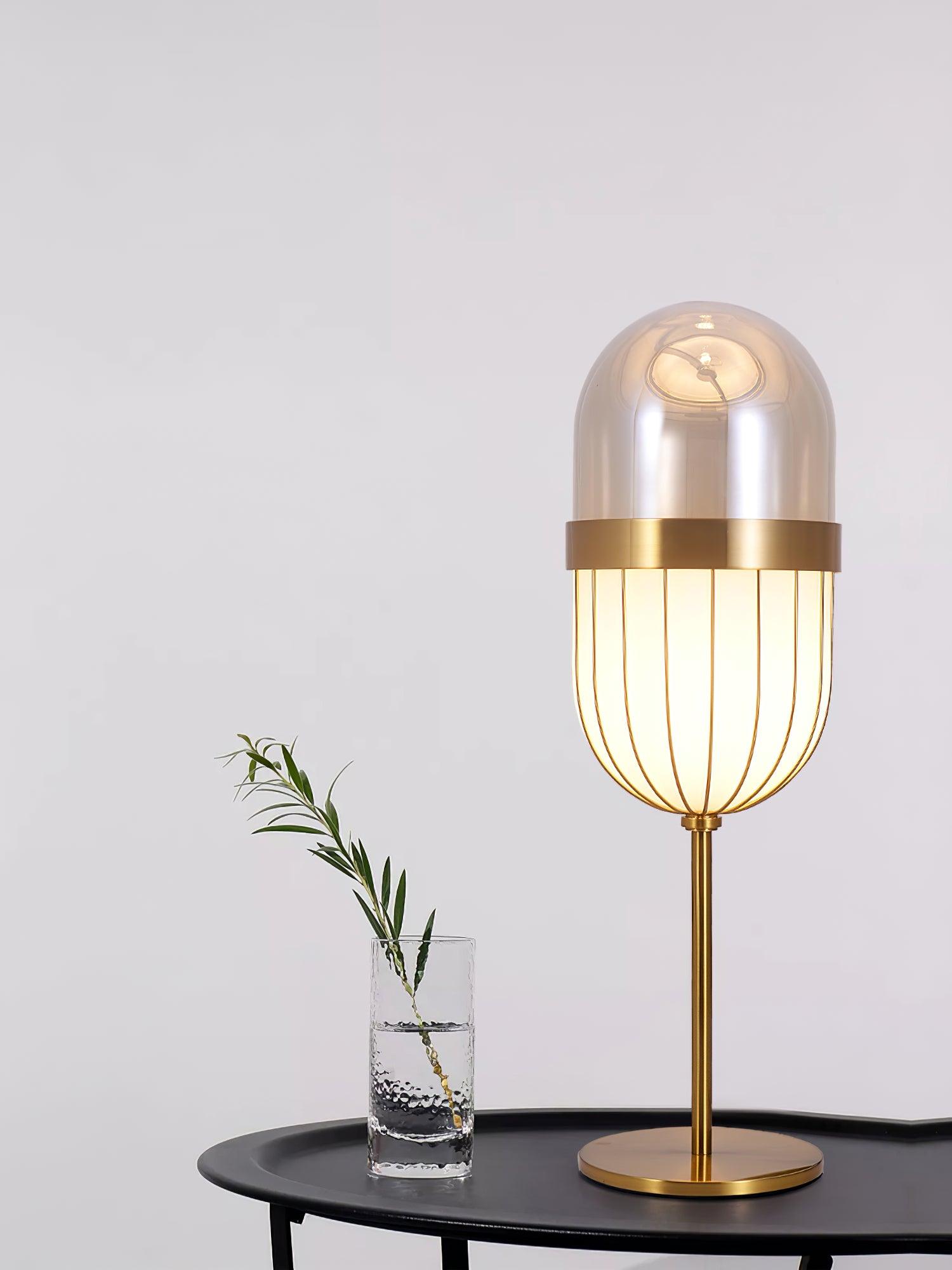 Modern Gold Pill Table Lamp with Mouth Blown Glass Shade for Office and Bedroom Ambient Lighting