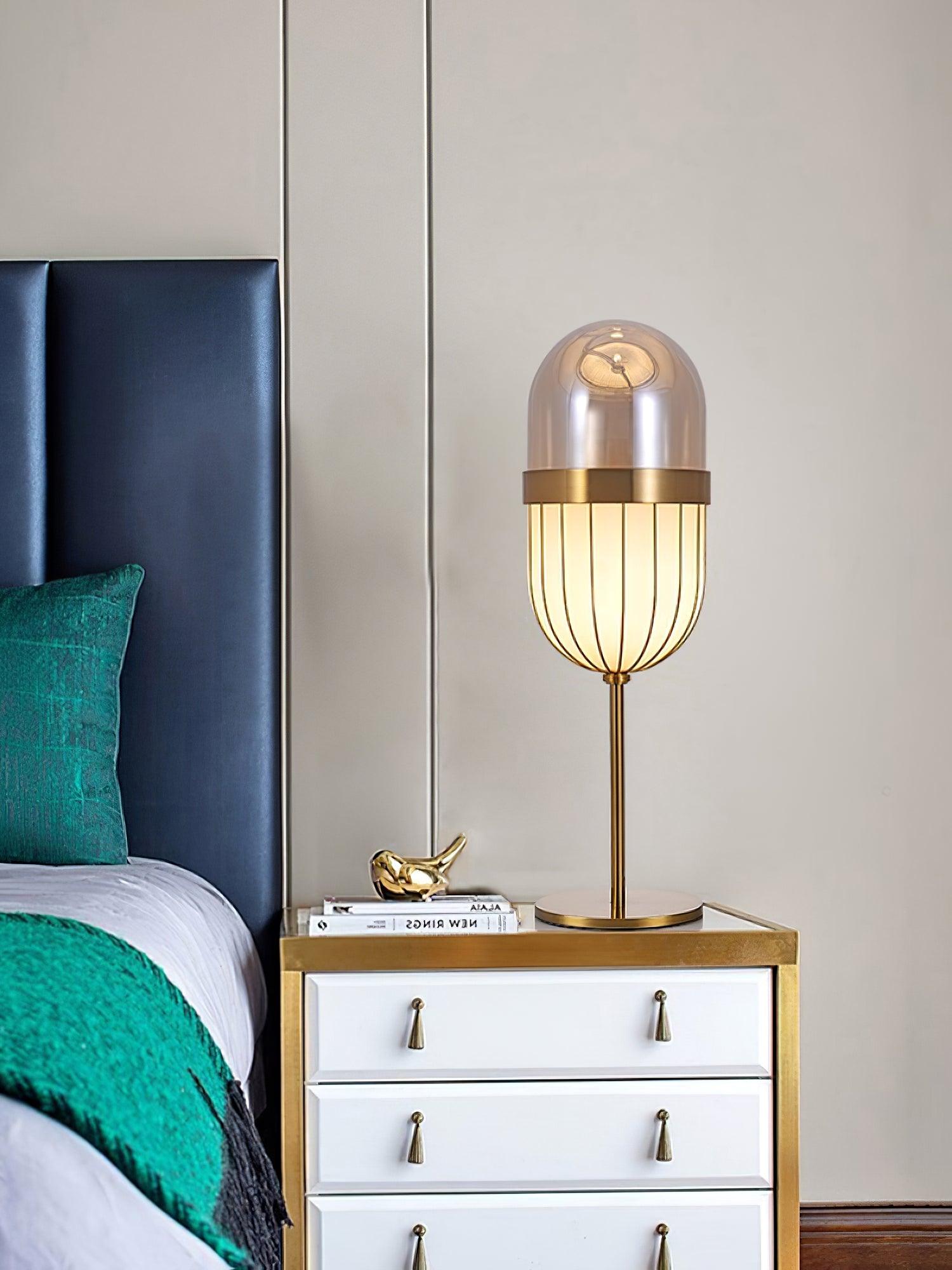 Modern Gold Pill Table Lamp with Mouth Blown Glass Shade for Office and Bedroom Ambient Lighting