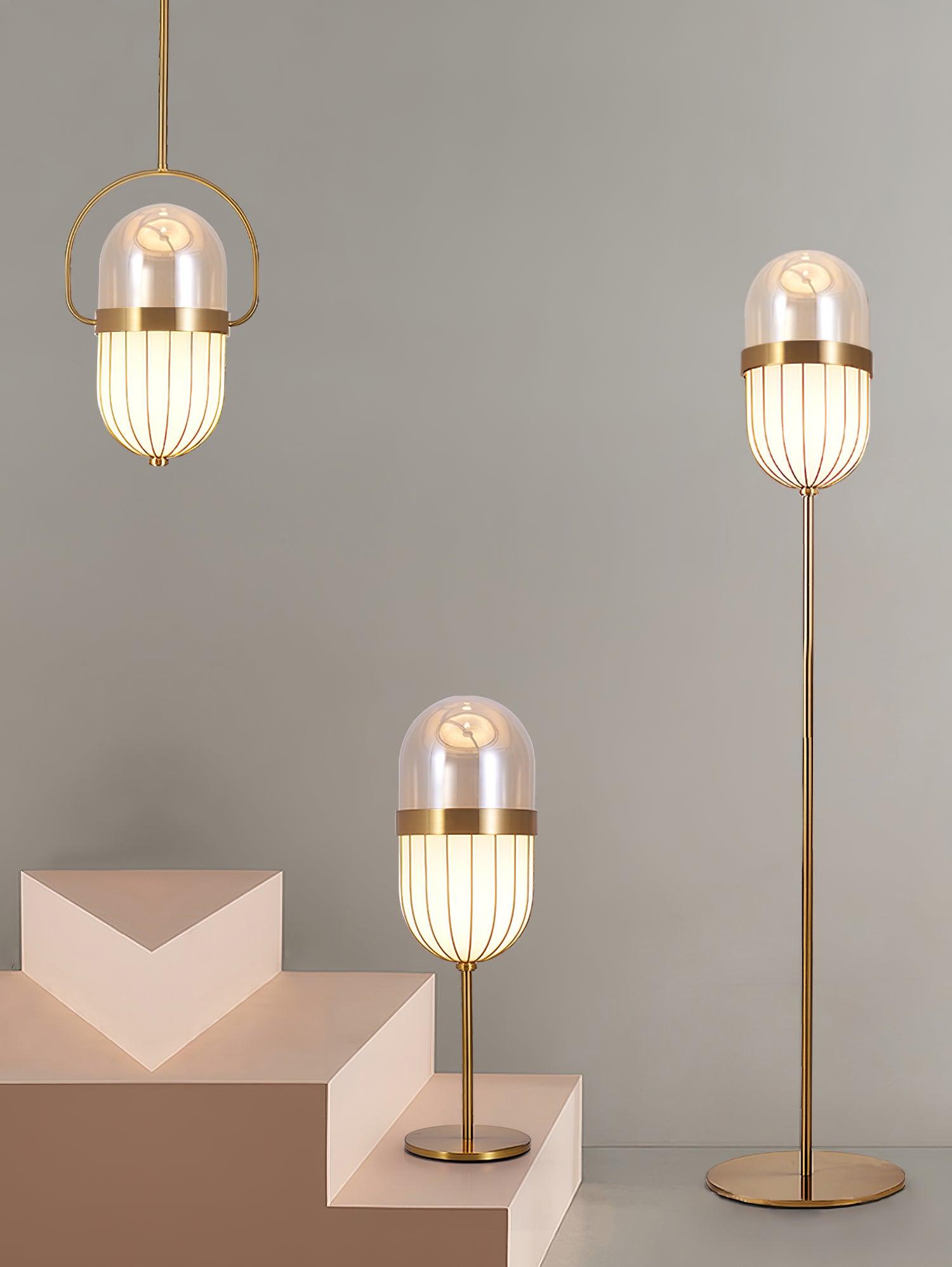 Modern Gold Pill Table Lamp with Mouth Blown Glass Shade for Office and Bedroom Ambient Lighting