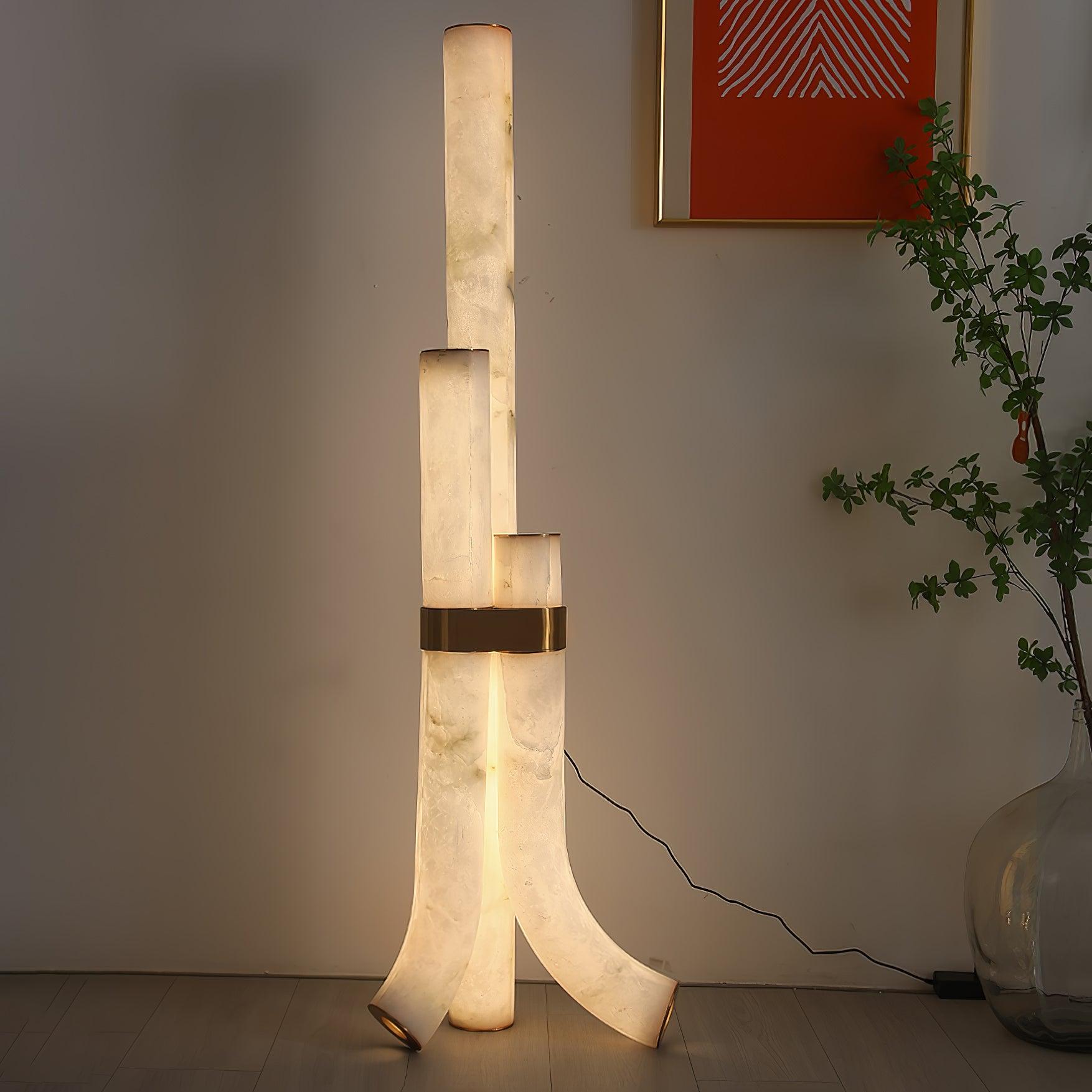 Minimalist Piped Alabaster Floor Lamp with Natural Stone Shades and Brass Body